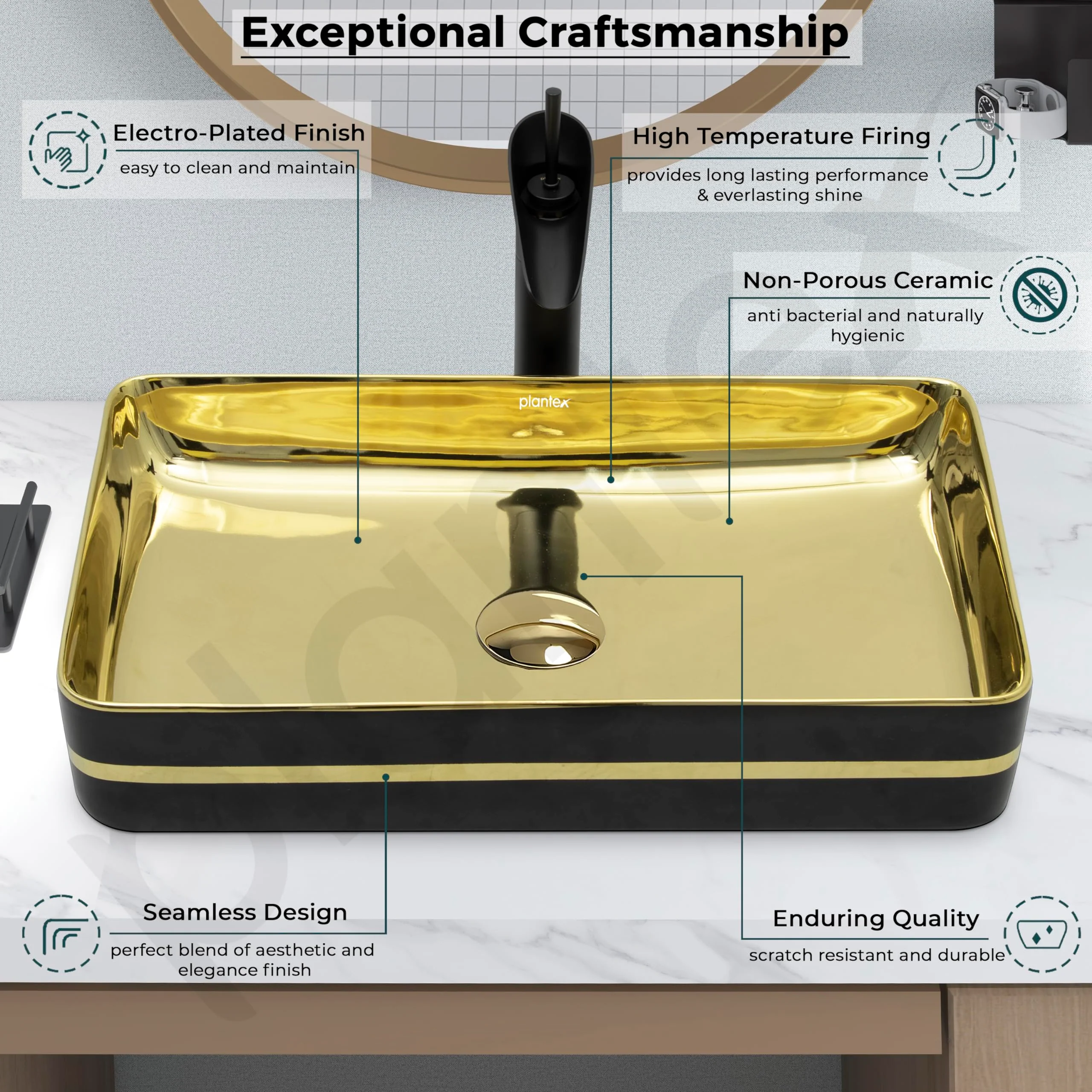 Plantex Table Top Wash Basin For Bathroom/Designer Ceramic Basin/Countertop Vessel Sink Basin - Indo-European Collection (24 x 14 x 5 Inch) - Image 3