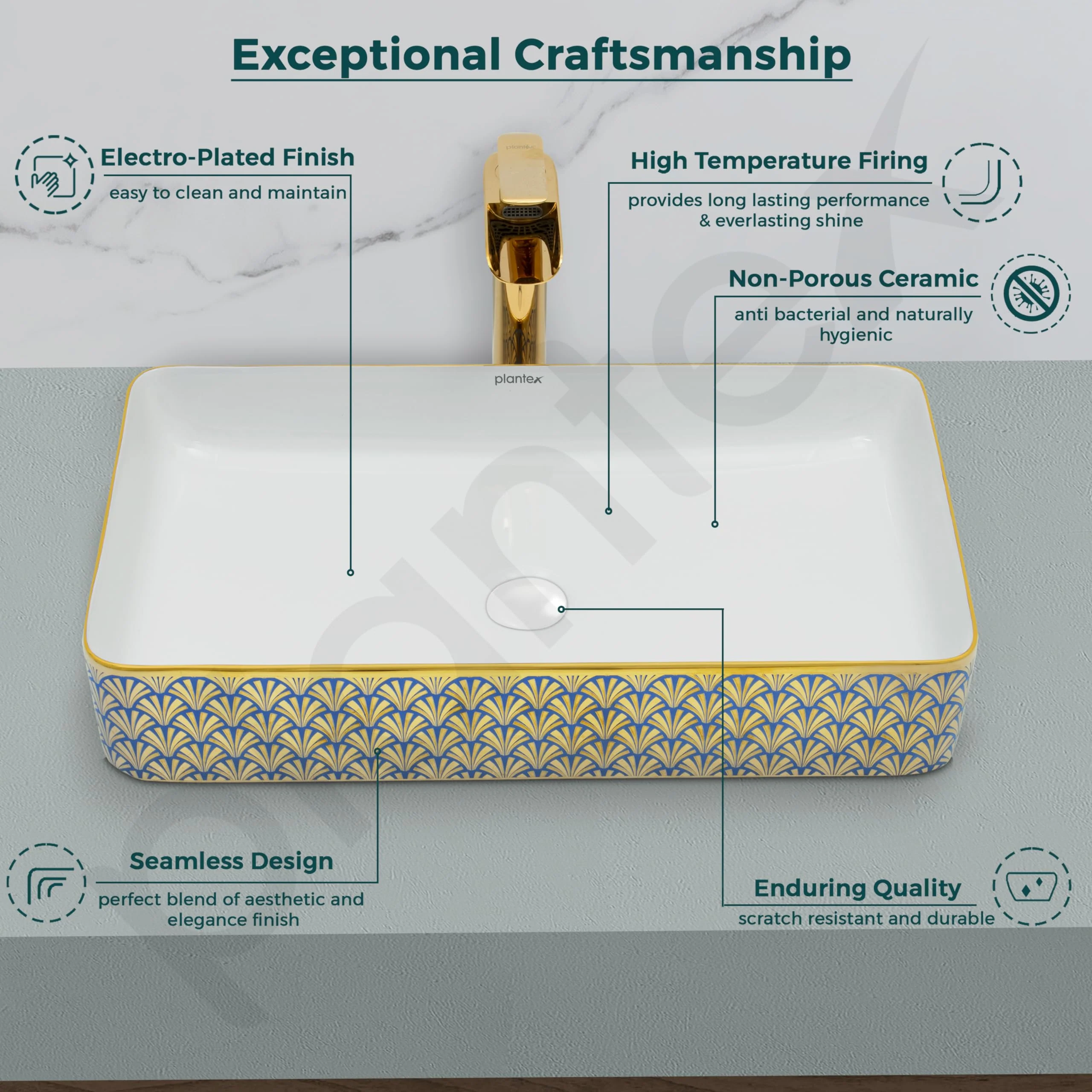 Plantex Table Top Wash Basin For Bathroom/Designer Ceramic Basin/Countertop Vessel Sink Basin - Indo-European Collection (24 x 14 x 5 Inch) - Image 3