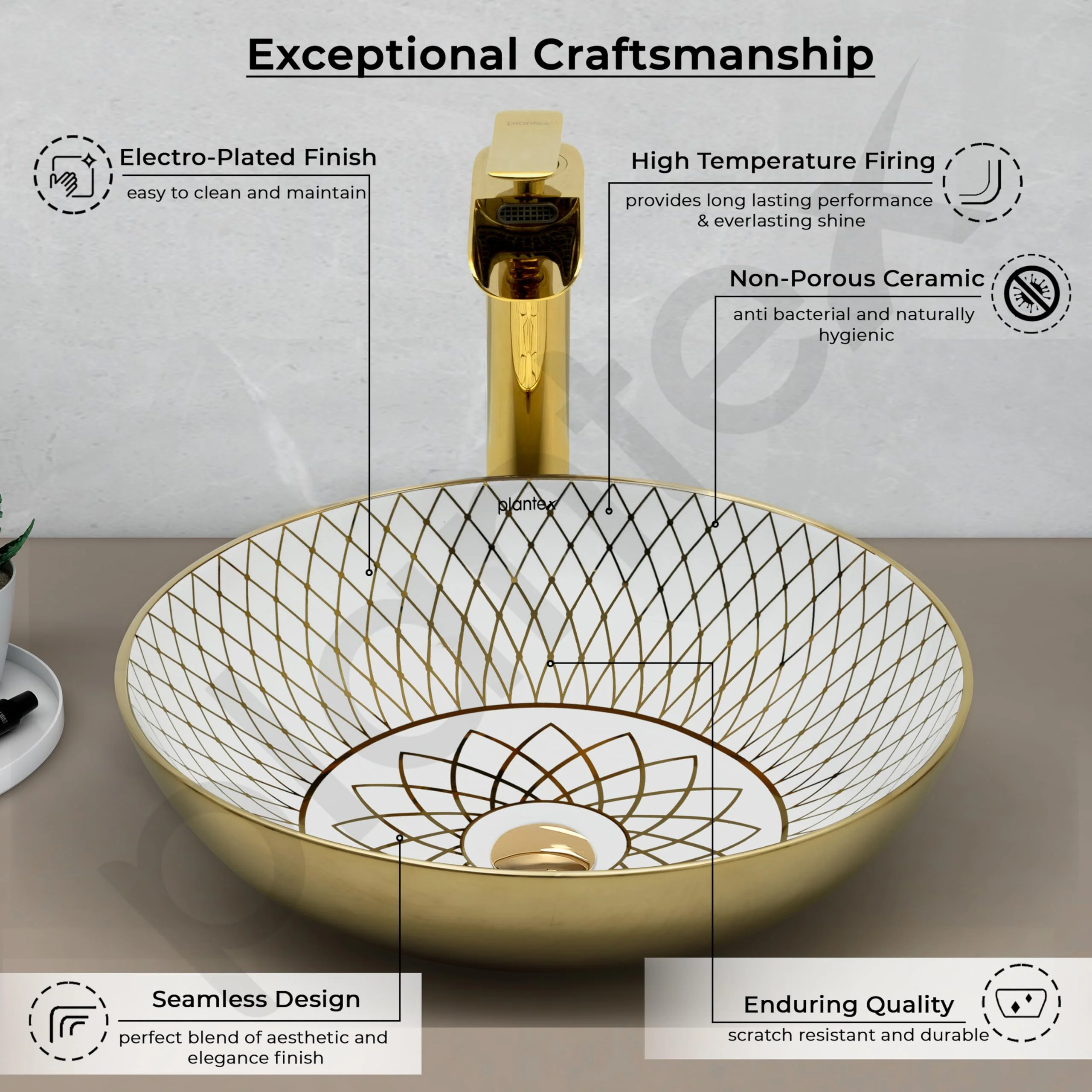 Plantex Table Top Wash Basin For Bathroom/Designer Ceramic Basin/Countertop Vessel Sink Basin - Indo-European Collection (NC-664, 16 x 16 x 5 Inch) - Image 3