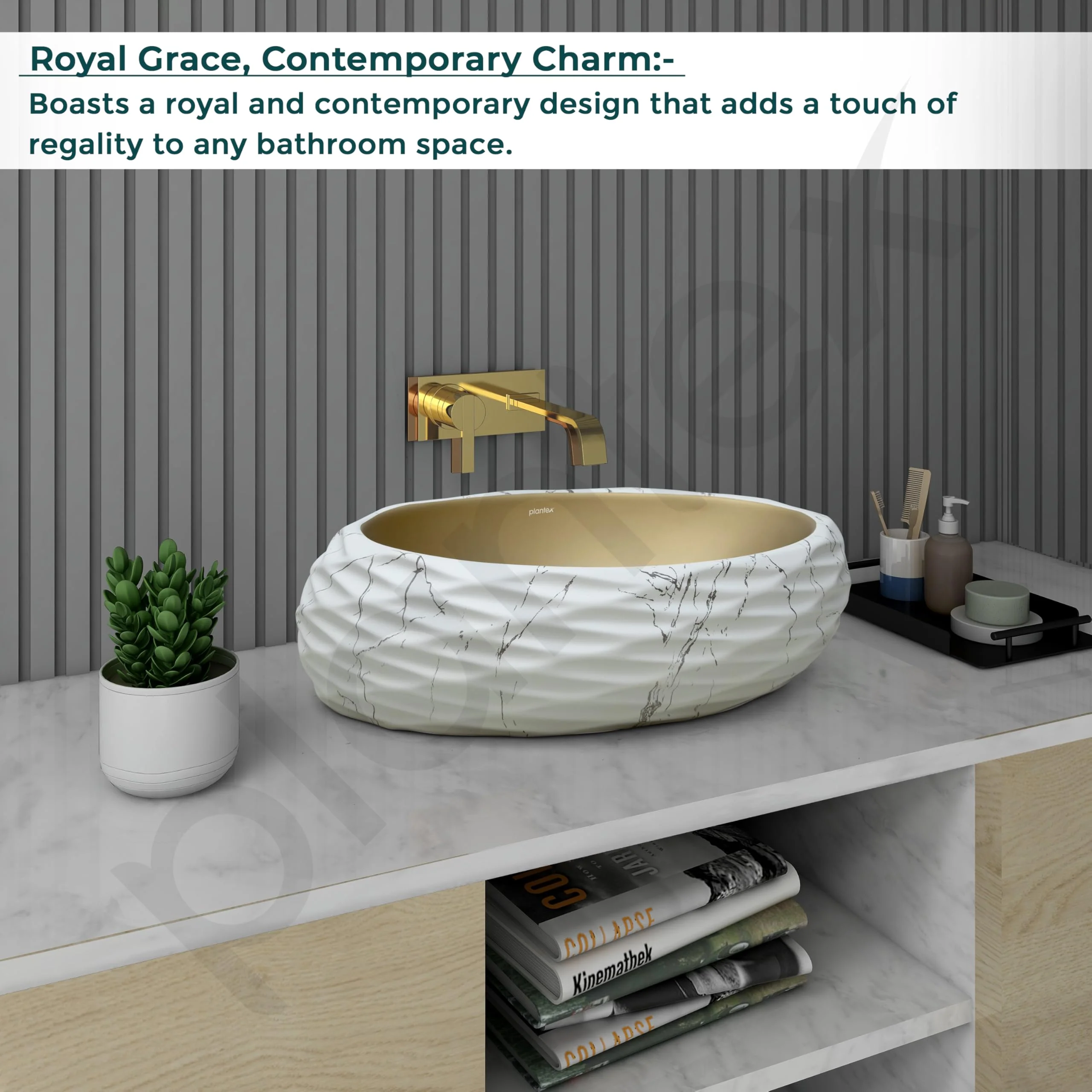 Plantex Table Top Wash Basin For Bathroom/Designer Ceramic Basin/Countertop Vessel Sink Basin - Indo-European Collection (White & Gold - 24 x 16 x 7 Inch) - Image 2