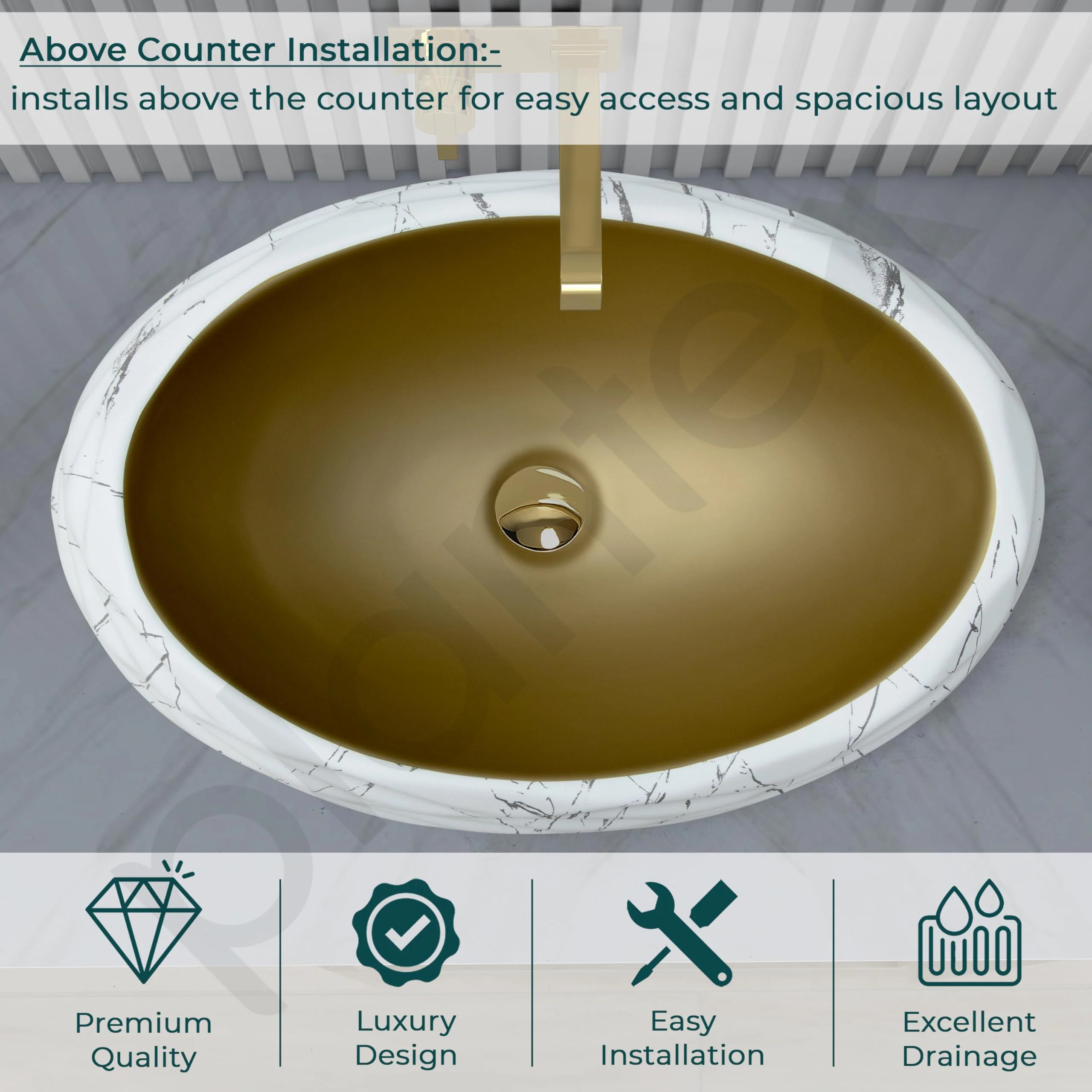 Plantex Table Top Wash Basin For Bathroom/Designer Ceramic Basin/Countertop Vessel Sink Basin - Indo-European Collection (White & Gold - 24 x 16 x 7 Inch) - Image 5