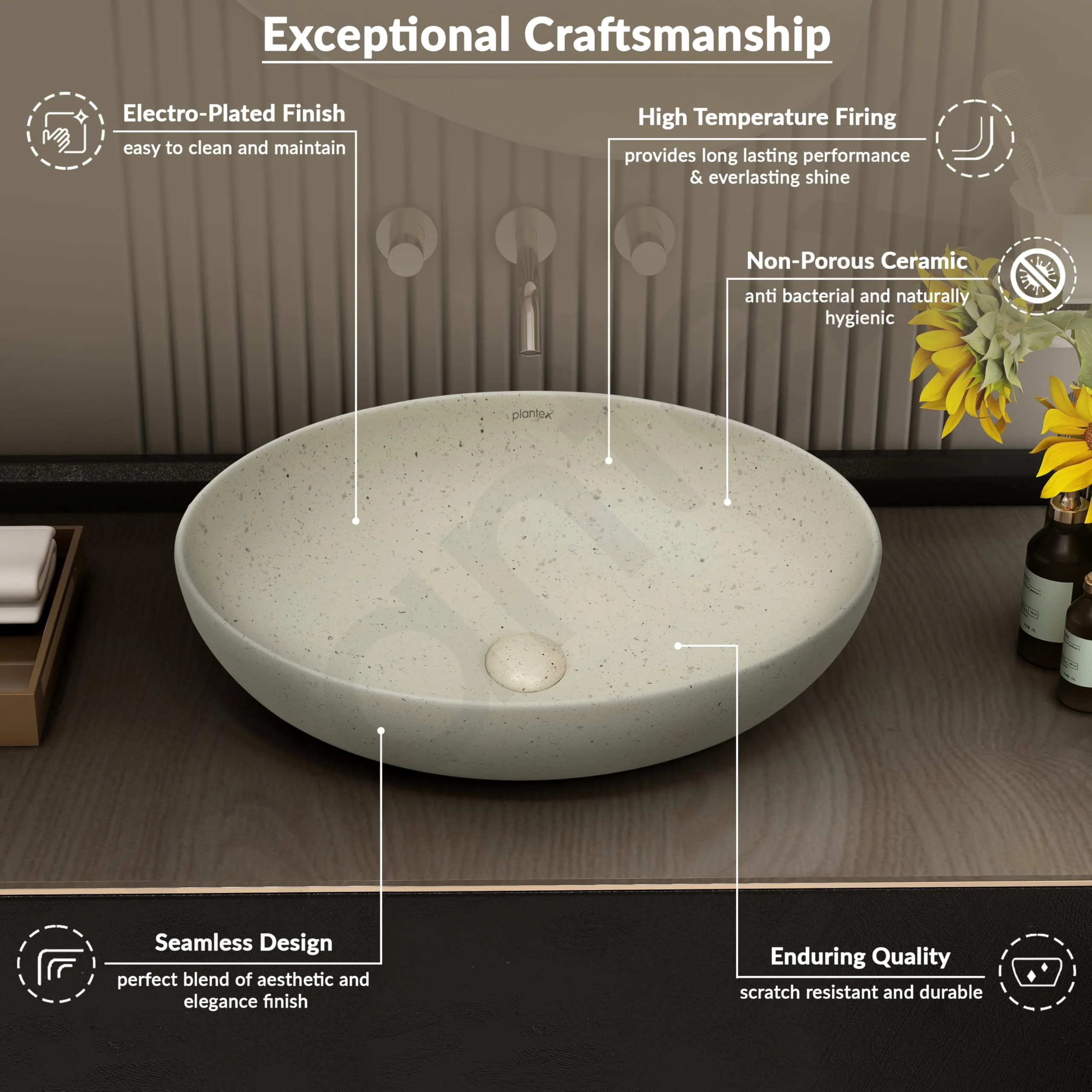 Plantex Table Top Wash Basin for Bathroom/Designer Ceramic Basin/Countertop Vessel Sink Basin/Wash Basin Over Counter for Home/Office (Beige - 20.5 x 15.5 x 5 Inch) - Image 4