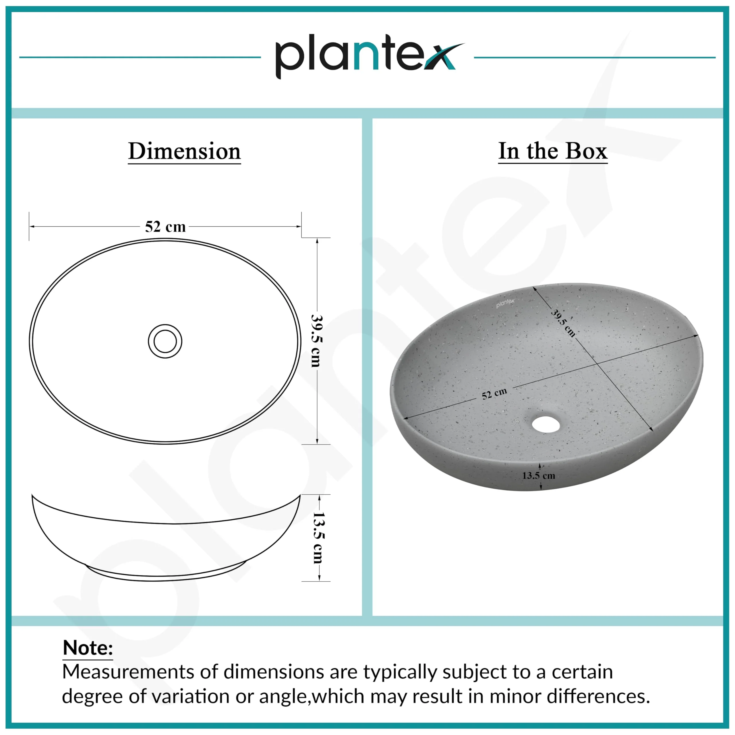 Plantex Table Top Wash Basin for Bathroom/Designer Ceramic Basin/Countertop Vessel Sink Basin/Wash Basin Over Counter for Home/Office (Light Grey - 20 x 15.5 x 5 Inch) - Image 3