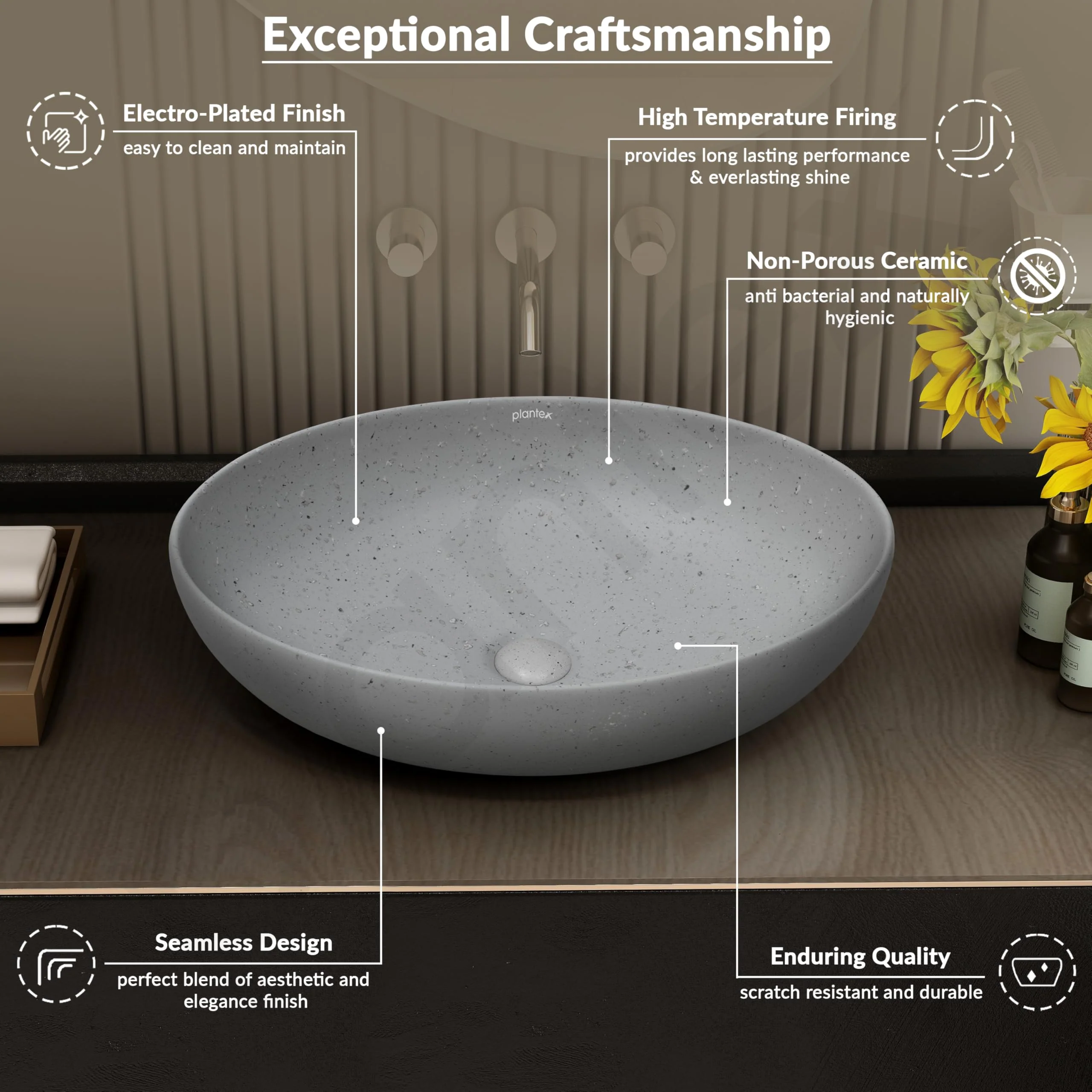 Plantex Table Top Wash Basin for Bathroom/Designer Ceramic Basin/Countertop Vessel Sink Basin/Wash Basin Over Counter for Home/Office (Light Grey - 20 x 15.5 x 5 Inch) - Image 4
