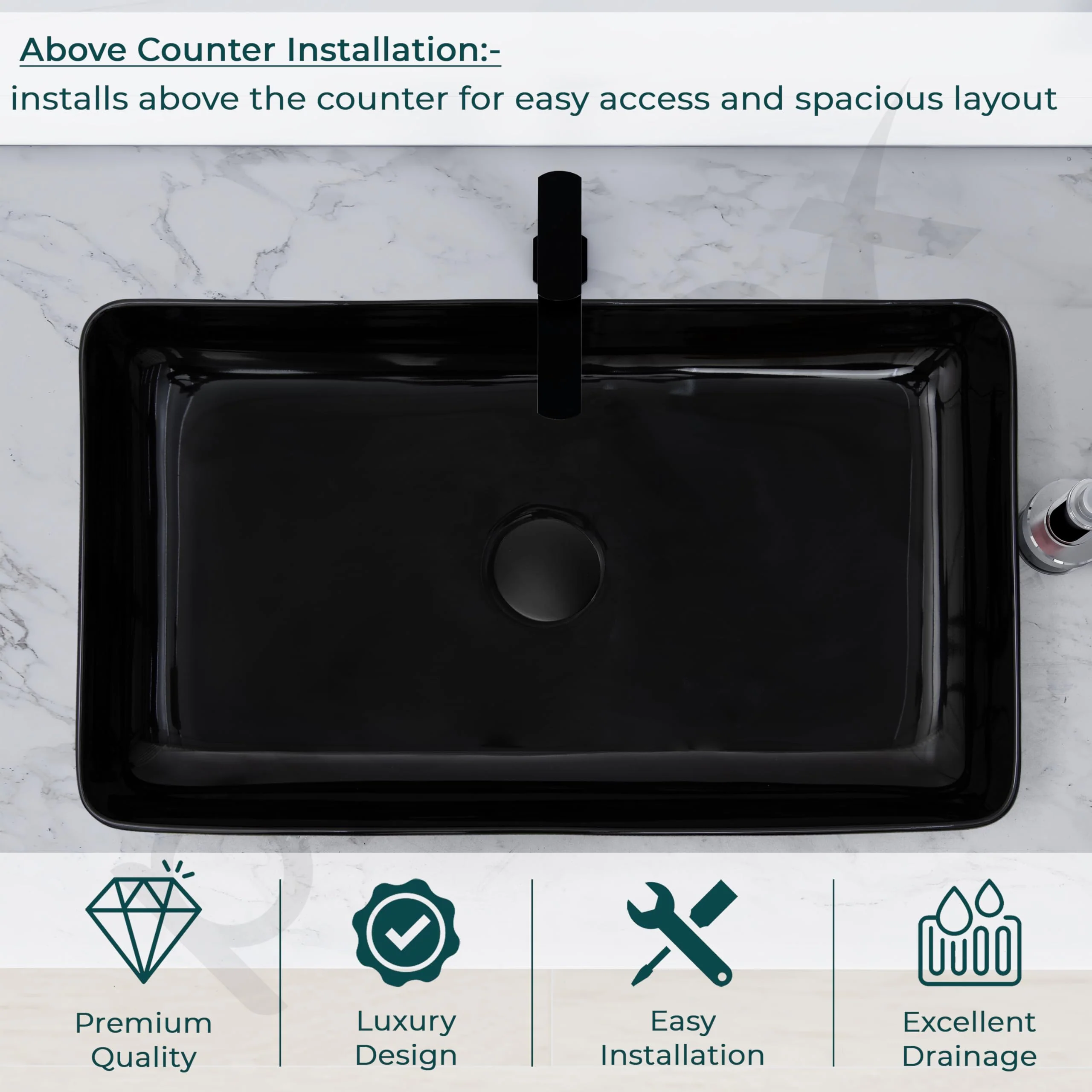 Plantex Table Top Wash Basin for Bathroom/Designer Ceramic Basin/Rectangle Countertop Vessel Sink Basin for Home/Office/Hotel (Black - 14 x 24 x 4 Inch) - Image 5