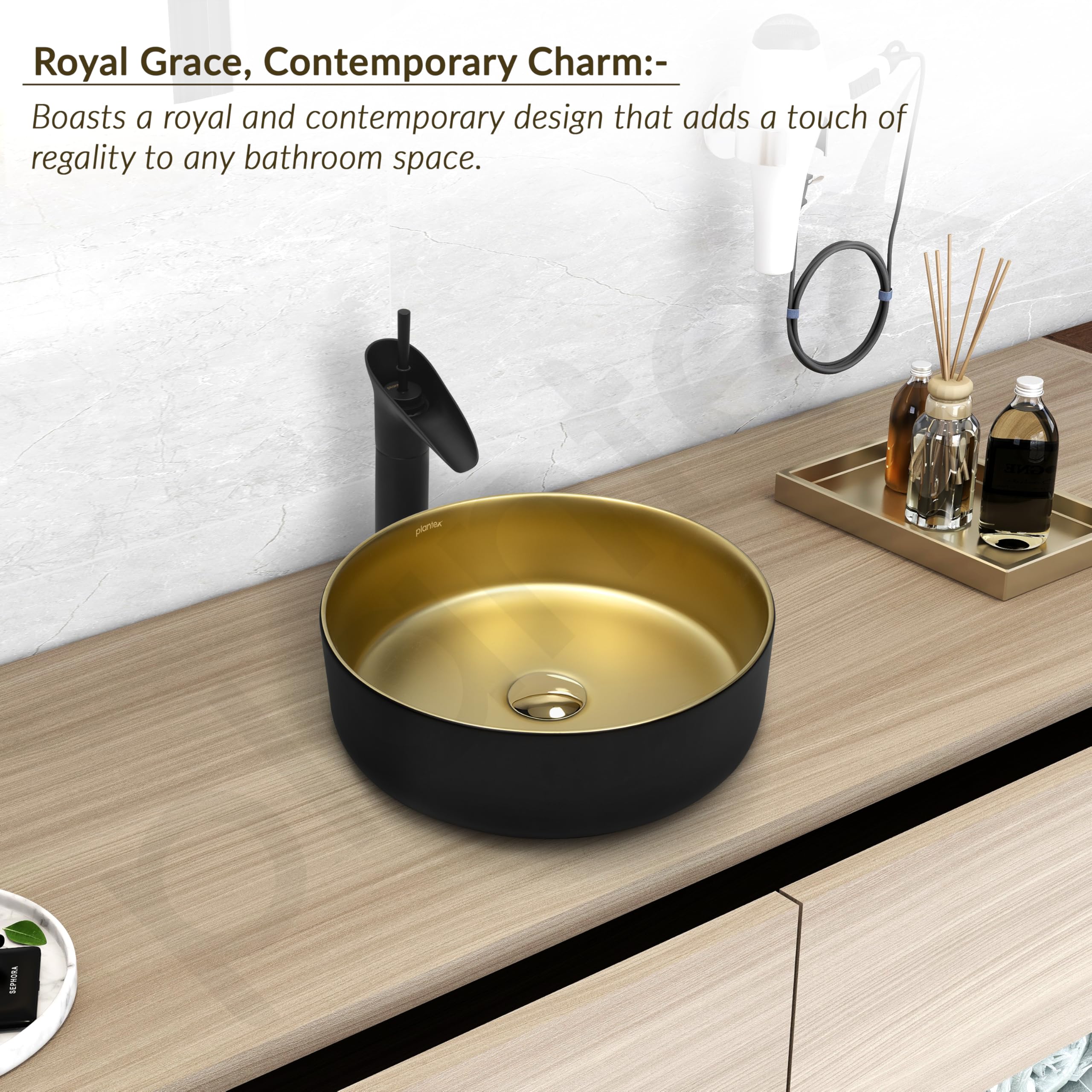 Plantex Table Top Wash Basin for Bathroom/Designer Ceramic Basin/Round Countertop Vessel Sink Basin for Home/Office/Hotel (Black & Gold - 14 x 14 x 5 Inch) - Image 2