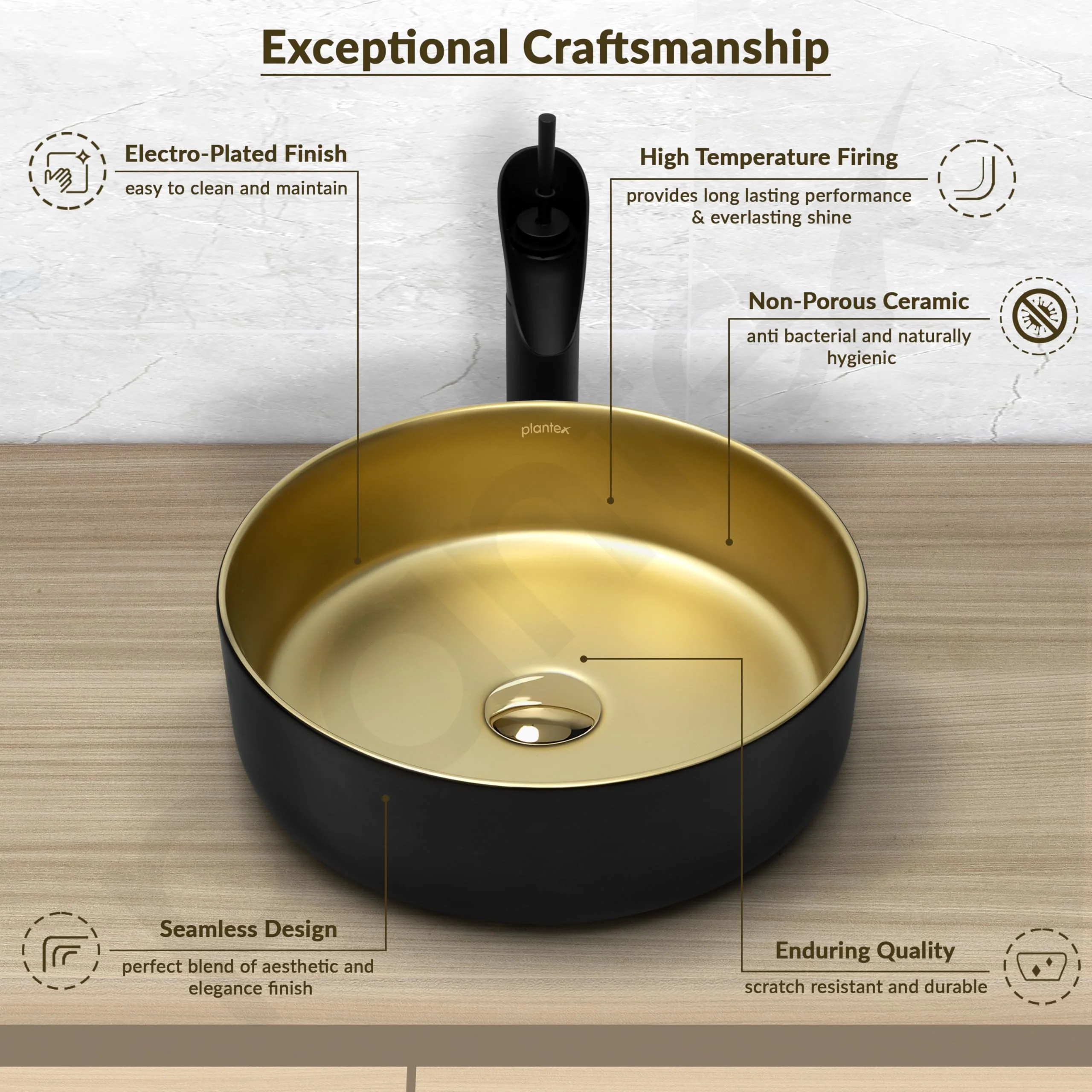 Plantex Table Top Wash Basin for Bathroom/Designer Ceramic Basin/Round Countertop Vessel Sink Basin for Home/Office/Hotel (Black & Gold - 14 x 14 x 5 Inch) - Image 4