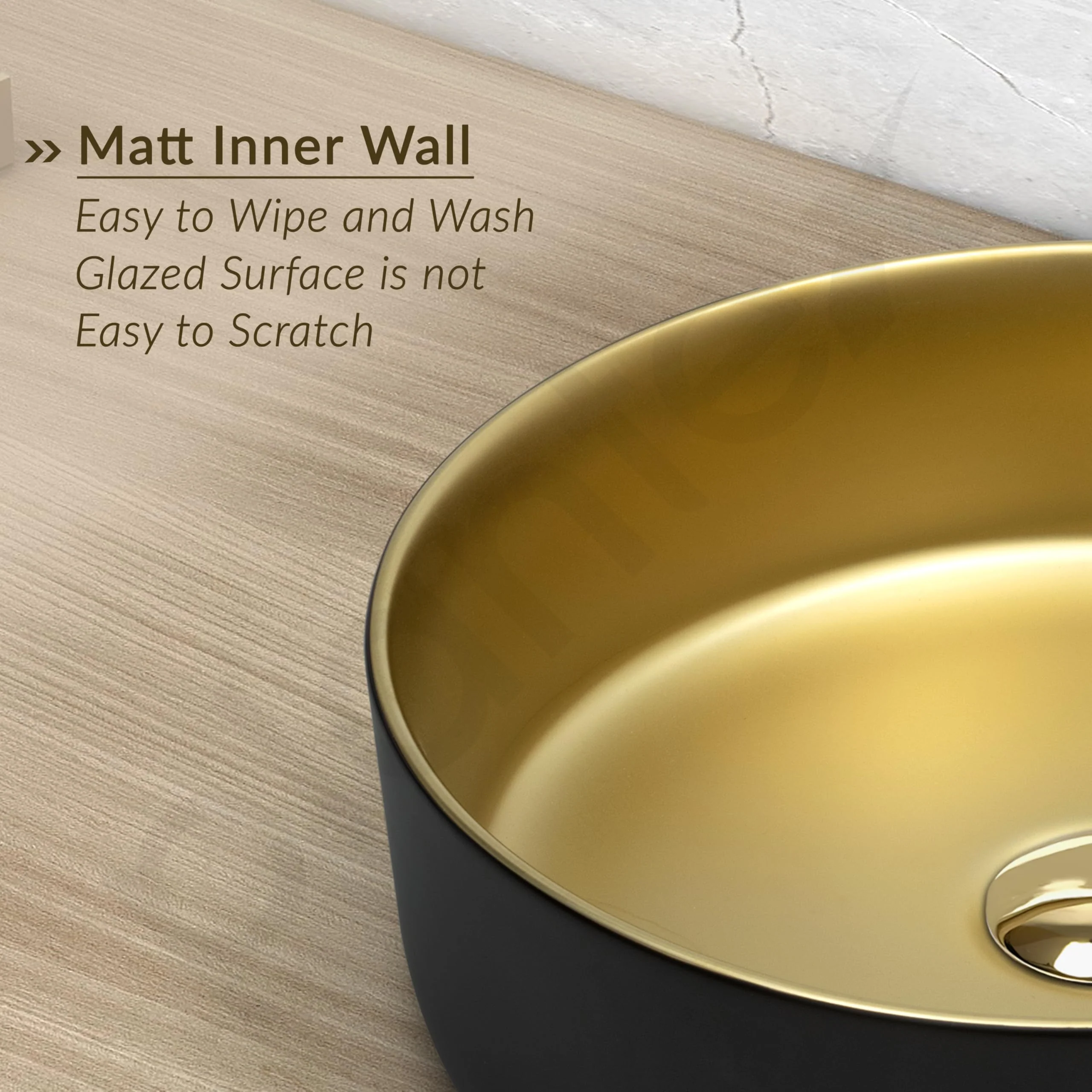 Plantex Table Top Wash Basin for Bathroom/Designer Ceramic Basin/Round Countertop Vessel Sink Basin for Home/Office/Hotel (Black & Gold - 14 x 14 x 5 Inch) - Image 6