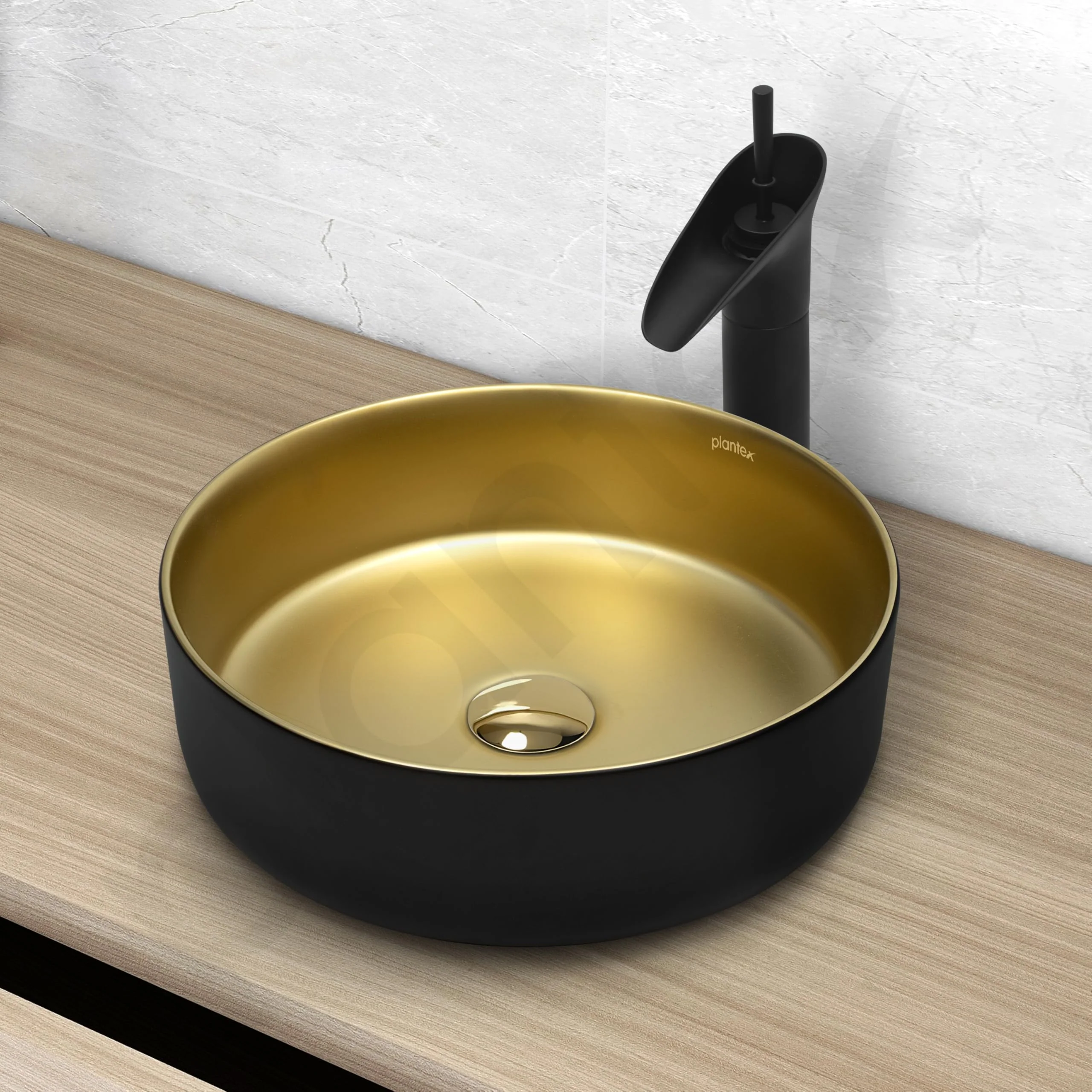 Plantex Table Top Wash Basin for Bathroom/Designer Ceramic Basin/Round Countertop Vessel Sink Basin for Home/Office/Hotel (Black & Gold - 14 x 14 x 5 Inch) - Image 7