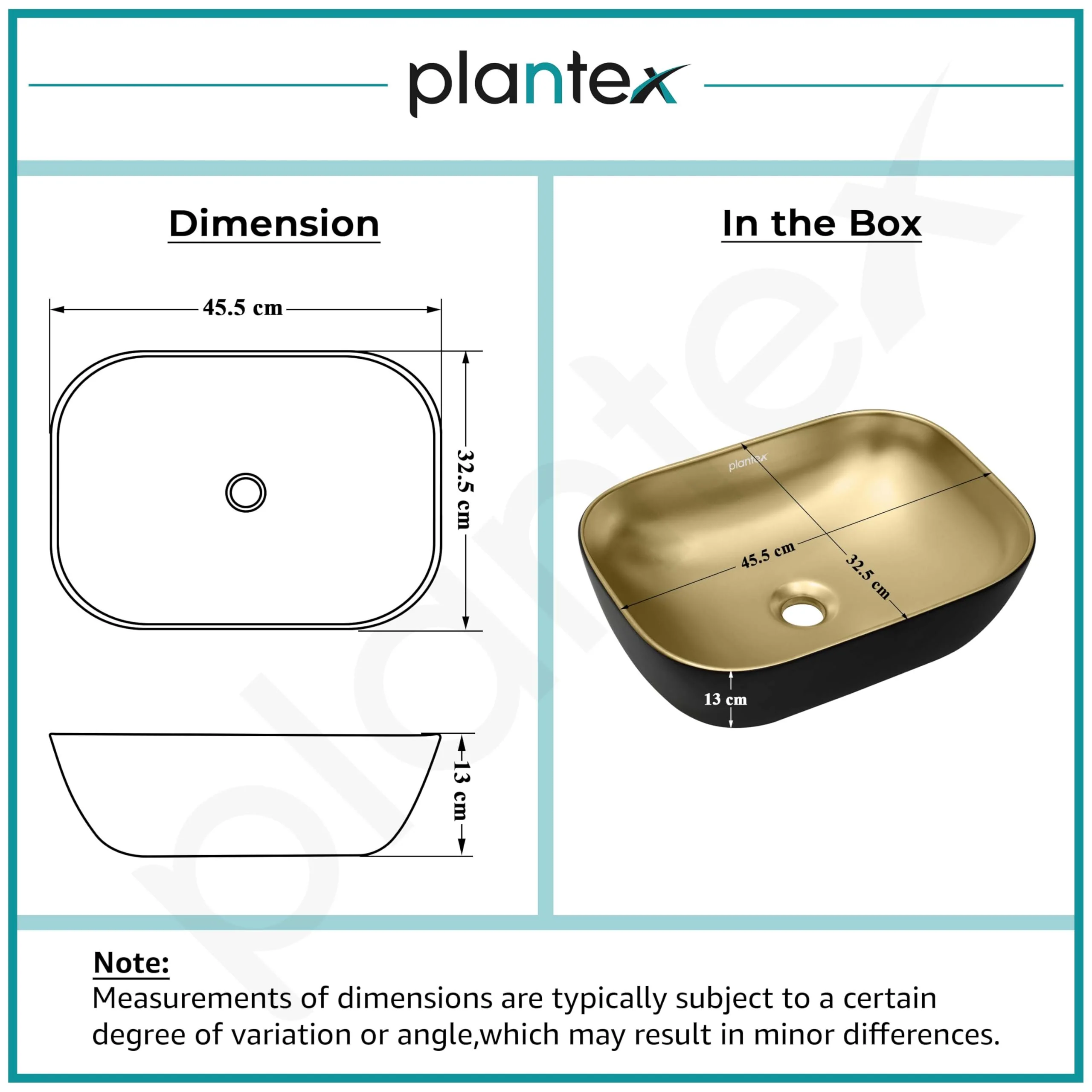 Plantex Table Top Wash Basin for Bathroom/Rectangle Ceramic Basin/Countertop Vessel Sink Basin for Home/Office/Hotel (Black & Gold - 18 x 13 x 5 Inch) - Image 3