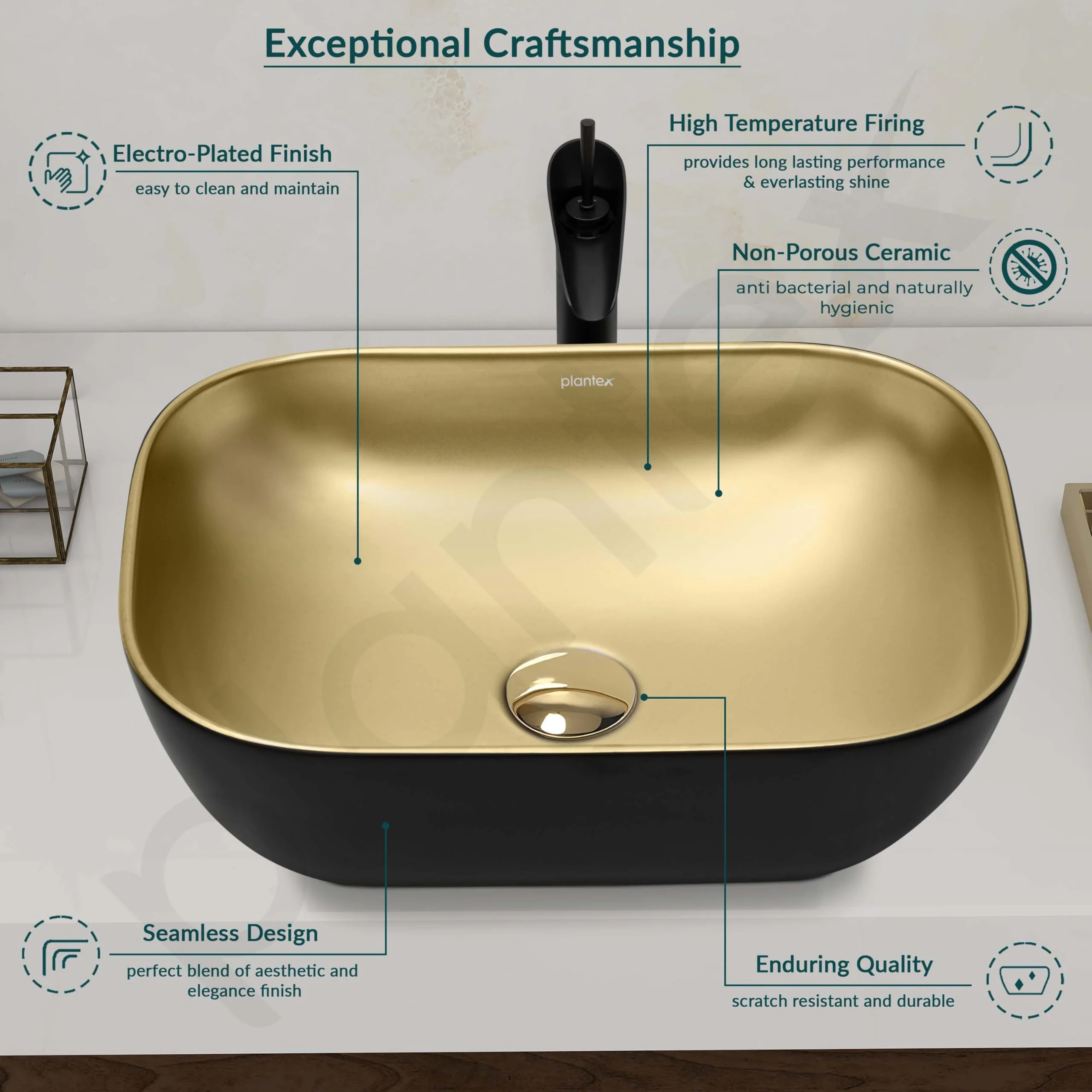 Plantex Table Top Wash Basin for Bathroom/Rectangle Ceramic Basin/Countertop Vessel Sink Basin for Home/Office/Hotel (Black & Gold - 18 x 13 x 5 Inch) - Image 4