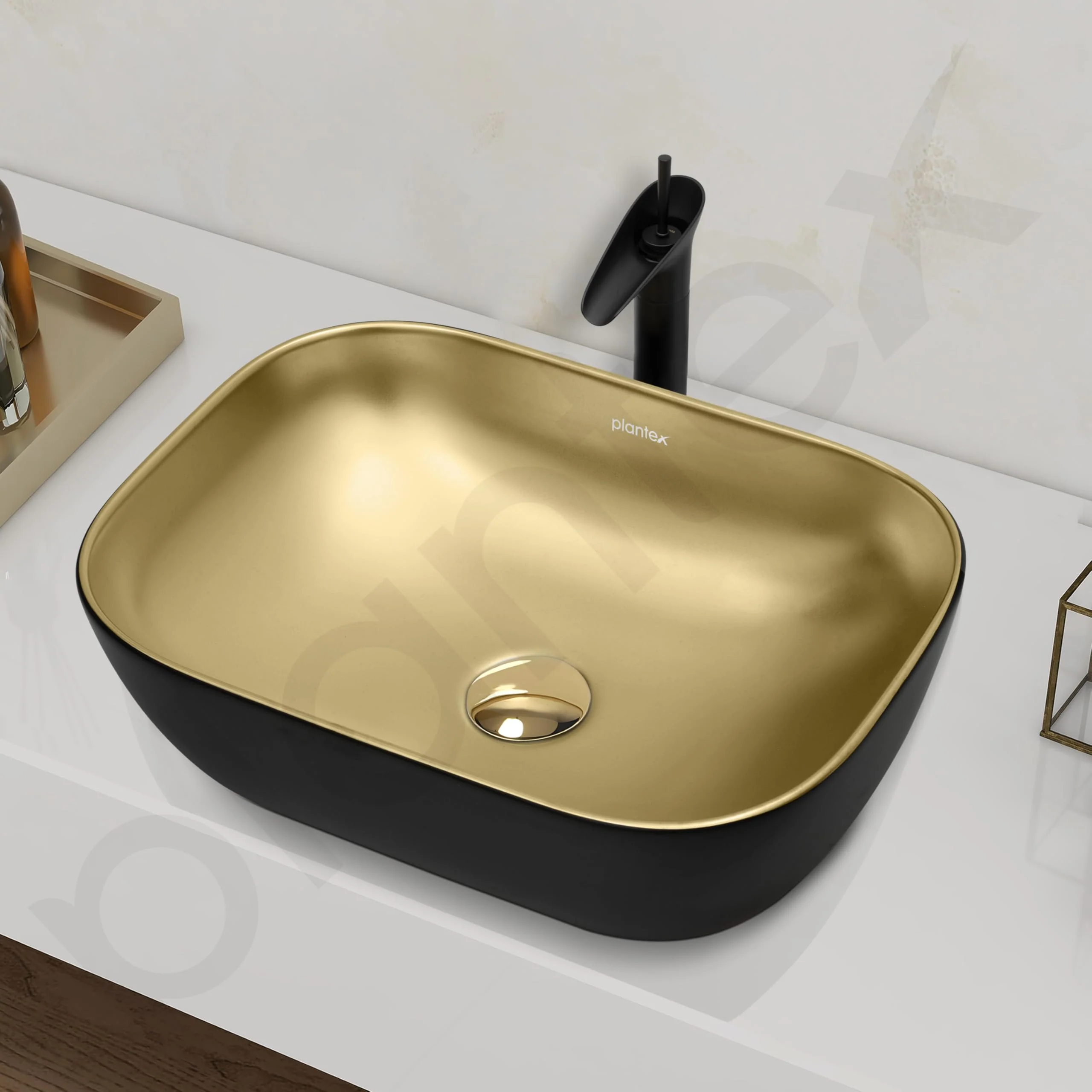 Plantex Table Top Wash Basin for Bathroom/Rectangle Ceramic Basin/Countertop Vessel Sink Basin for Home/Office/Hotel (Black & Gold - 18 x 13 x 5 Inch) - Image 7