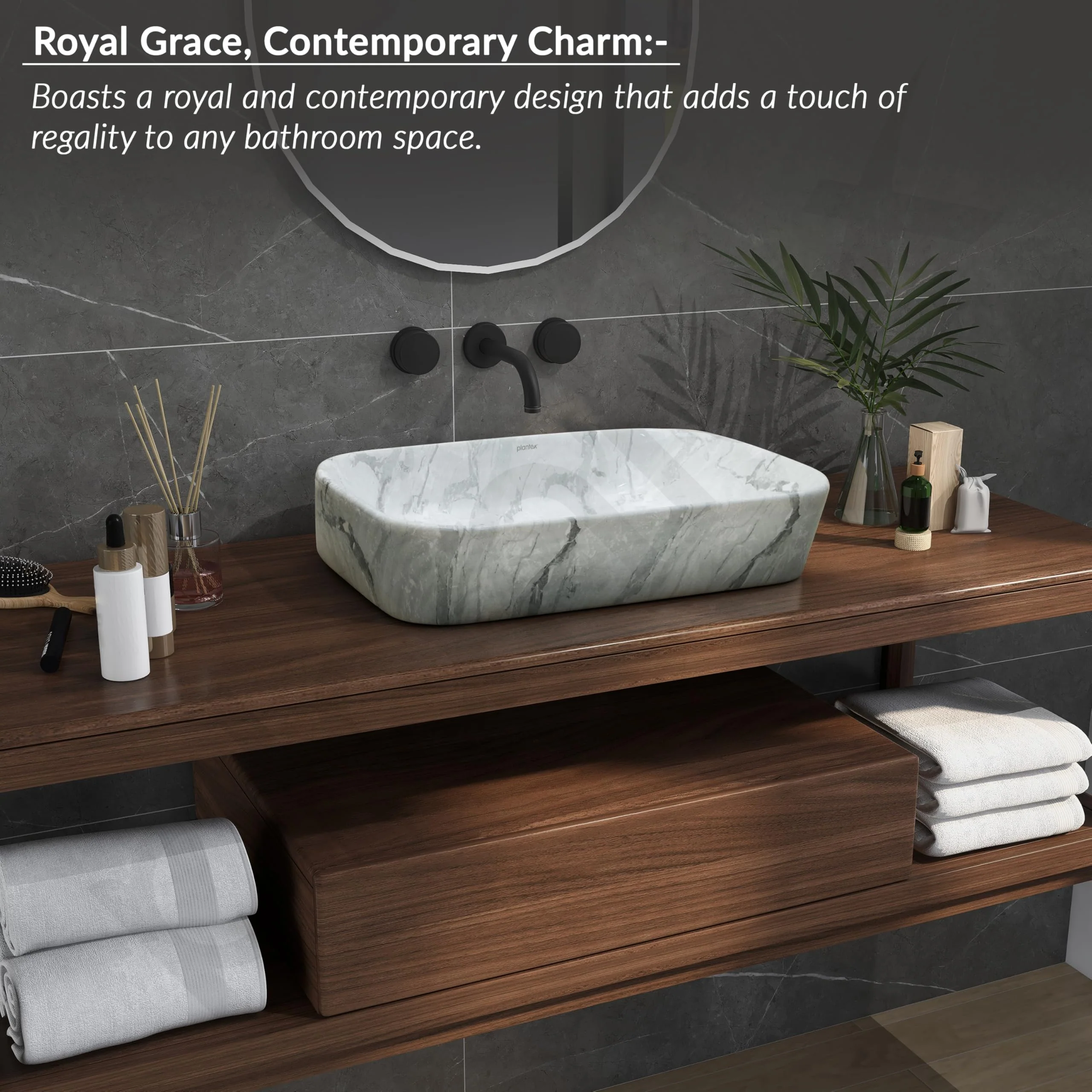 Plantex Tabletop Wash Basin/Bathroom Sink/Wash Basin Over Counter/Designer Ceramic Wash Basin for Bathroom (21.5x114x4.5 Inch - Marble Finish) - Image 2