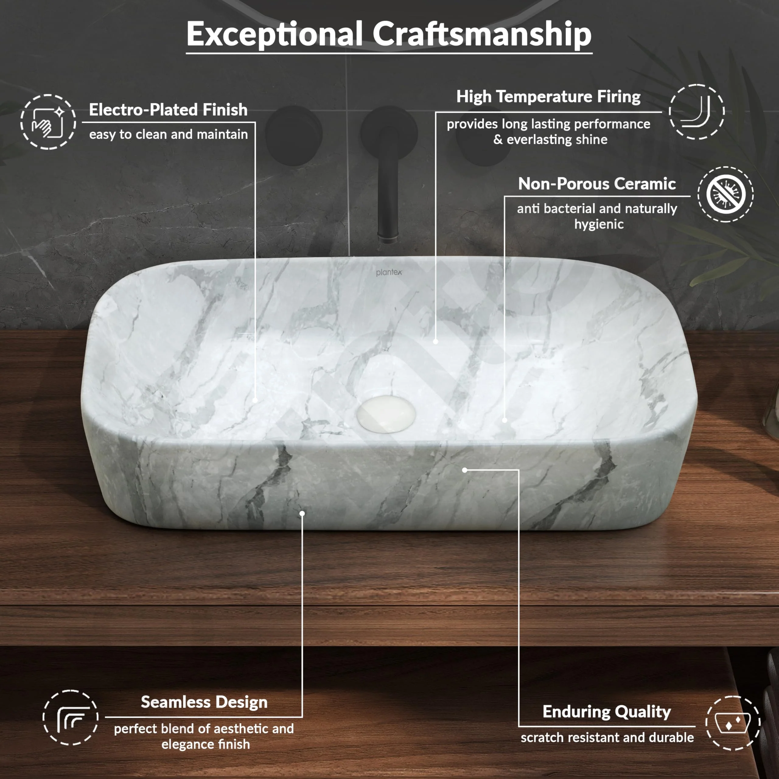 Plantex Tabletop Wash Basin/Bathroom Sink/Wash Basin Over Counter/Designer Ceramic Wash Basin for Bathroom (21.5x114x4.5 Inch - Marble Finish) - Image 4