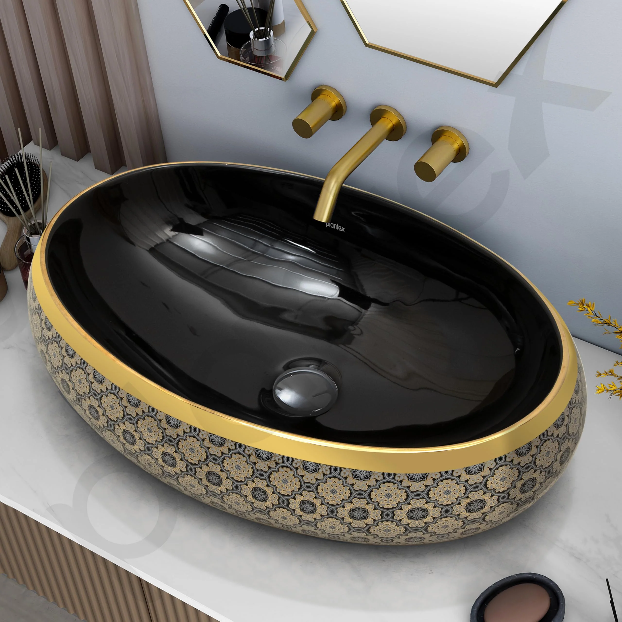 Plantex Tabletop Wash Basin for Bathroom/Designer Ceramic Basin/Countertop Vessel Sink Basin for Home/Hotel - (16019, Black & Gold) - Image 6