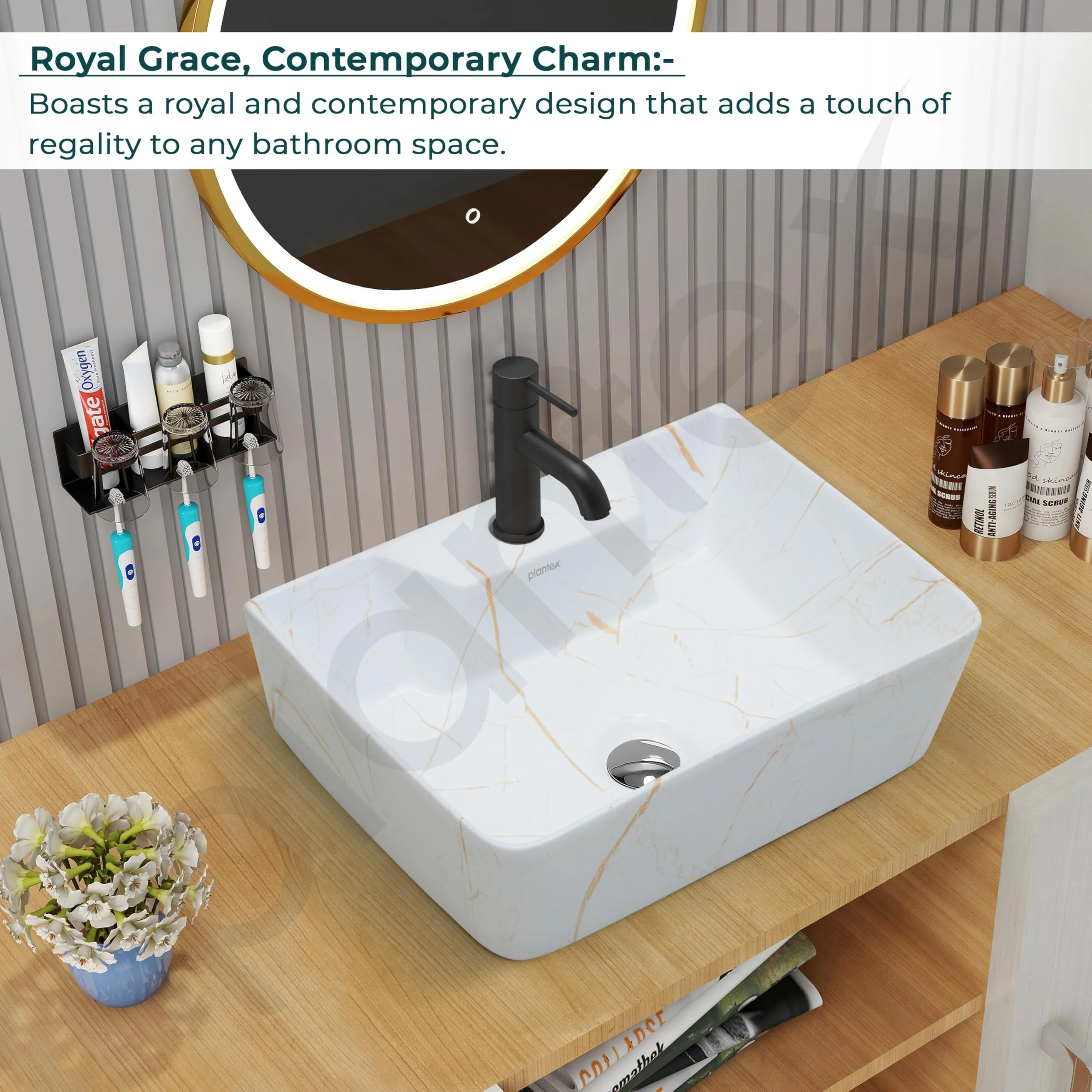 Plantex Tabletop Wash Basin for Bathroom/Designer Ceramic Basin/Rectangle Countertop Wash Basin/Home/Office (16 x 12 x 5 Inch) - Image 2