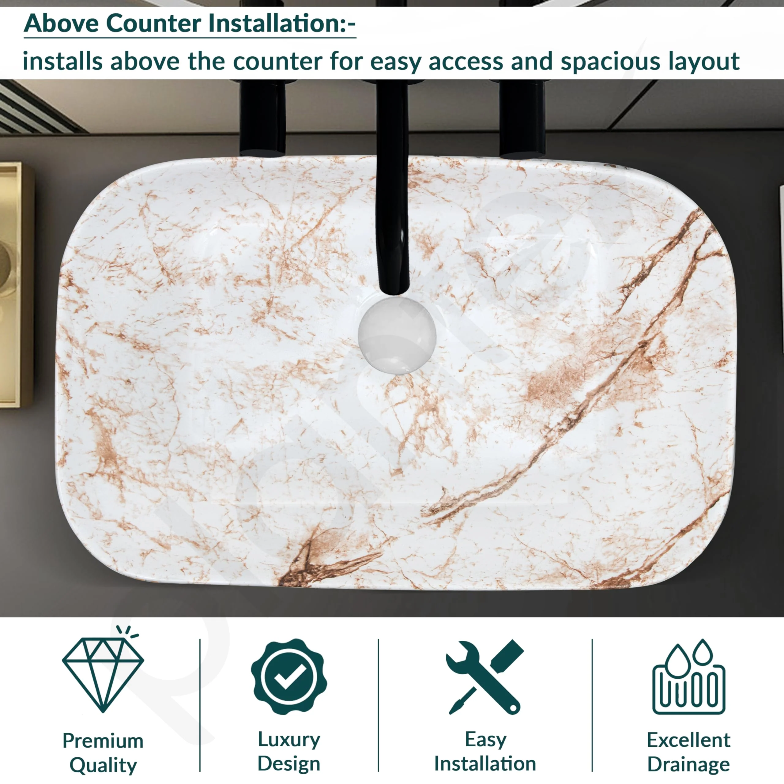 Plantex Tabletop Wash Basin for Bathroom/Designer Ceramic Basin/Rectangle Countertop Wash Basin/Home/Office (22 x 14 x 5 Inch) - Image 2
