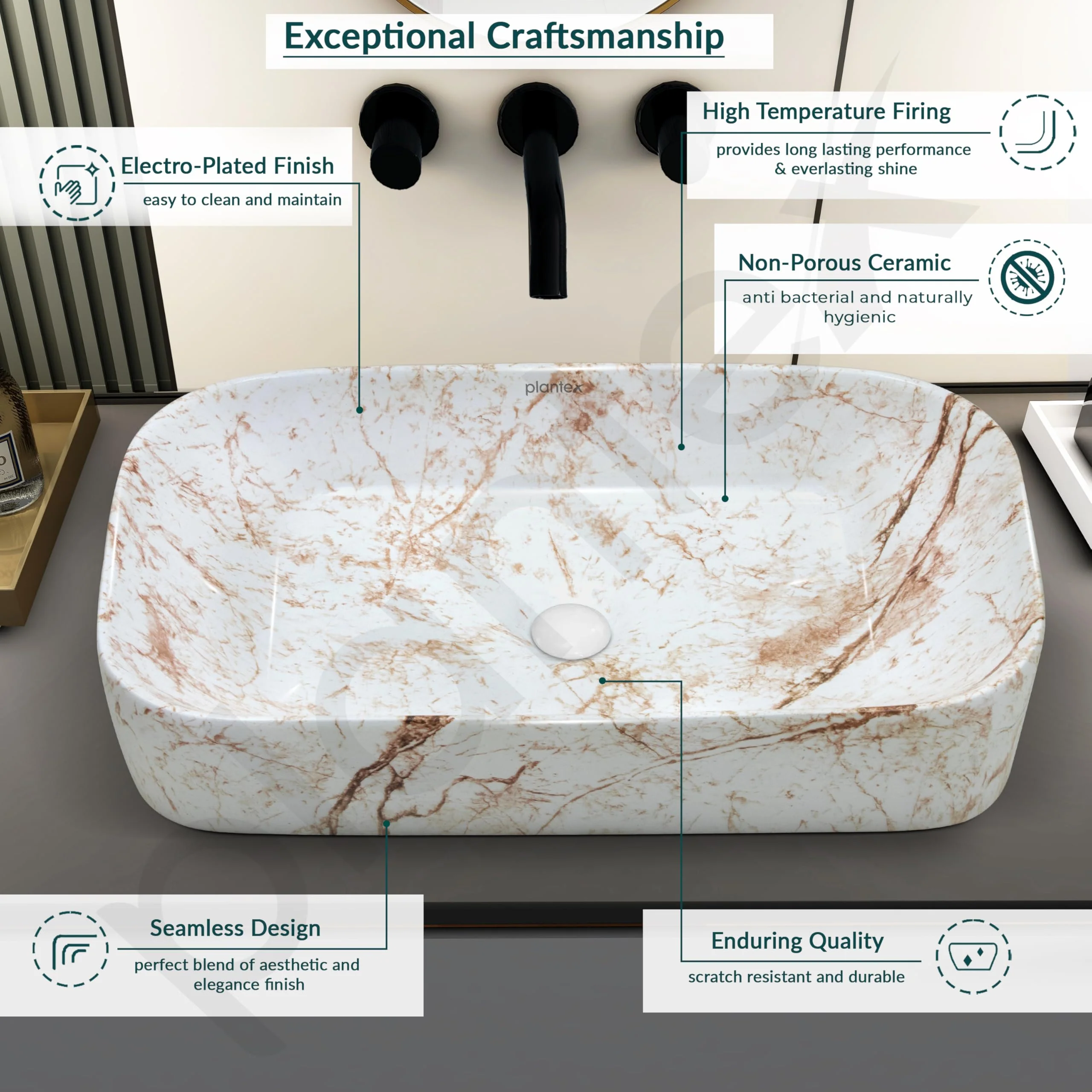 Plantex Tabletop Wash Basin for Bathroom/Designer Ceramic Basin/Rectangle Countertop Wash Basin/Home/Office (22 x 14 x 5 Inch) - Image 4