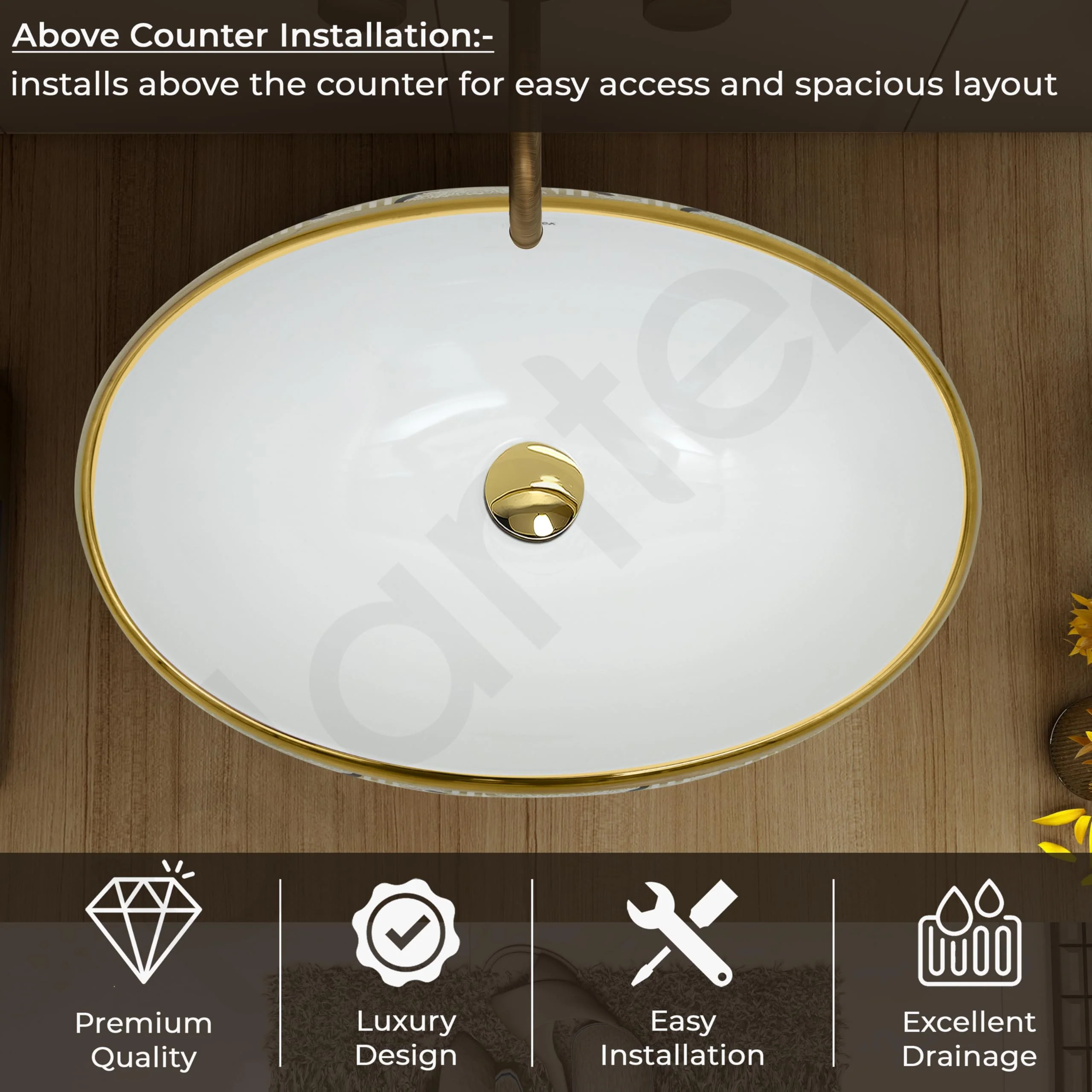 Plantex Tabletop Wash Basin for Bathroom/Designer Ceramic Basin/Vessel Sink Basin for Home/Office/Hotel (22 x 14.5 x 6 Inch - White & Gold) - Image 2