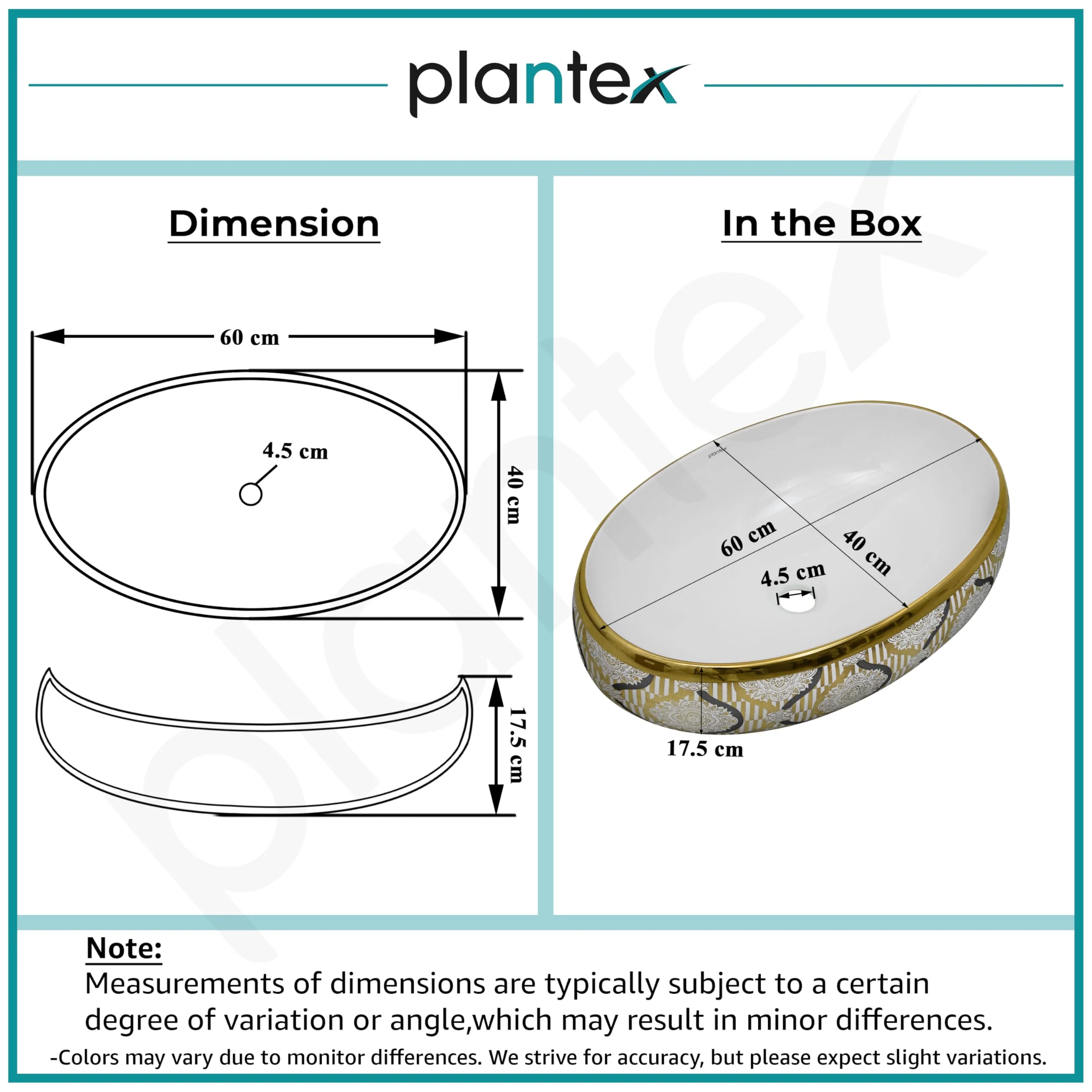 Plantex Tabletop Wash Basin for Bathroom/Designer Ceramic Basin/Vessel Sink Basin for Home/Office/Hotel (22 x 14.5 x 6 Inch - White & Gold) - Image 3