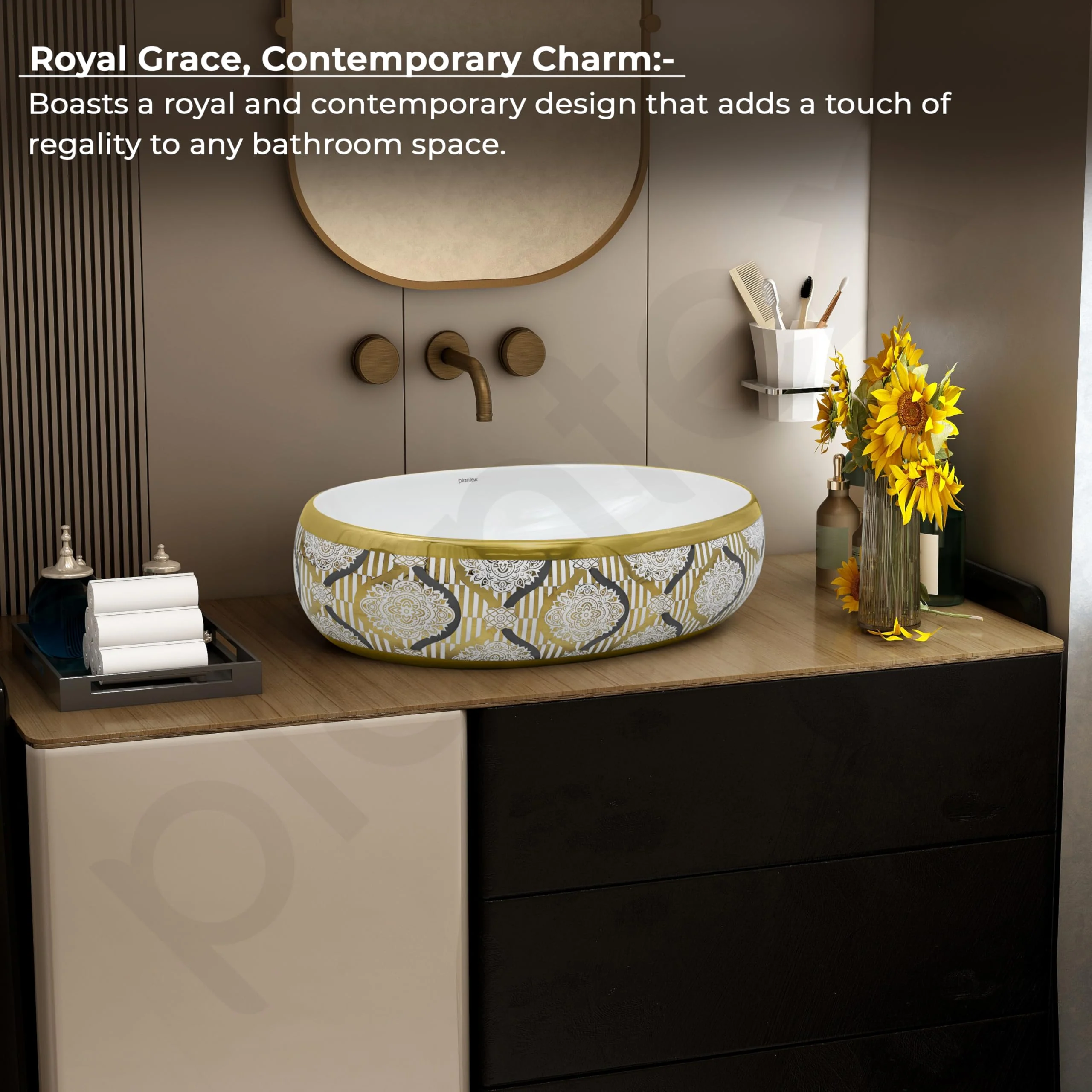 Plantex Tabletop Wash Basin for Bathroom/Designer Ceramic Basin/Vessel Sink Basin for Home/Office/Hotel (22 x 14.5 x 6 Inch - White & Gold) - Image 5