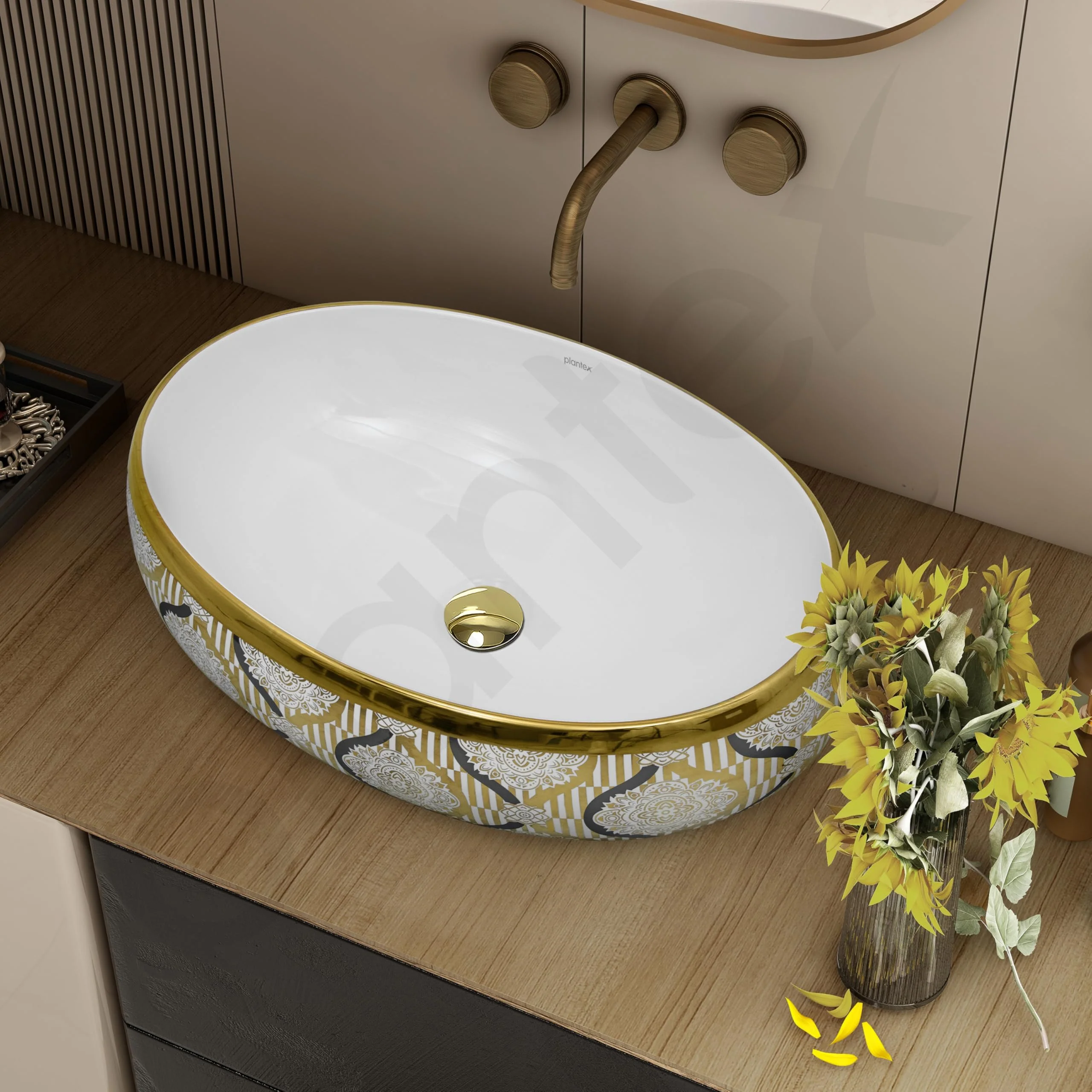 Plantex Tabletop Wash Basin for Bathroom/Designer Ceramic Basin/Vessel Sink Basin for Home/Office/Hotel (22 x 14.5 x 6 Inch - White & Gold) - Image 6