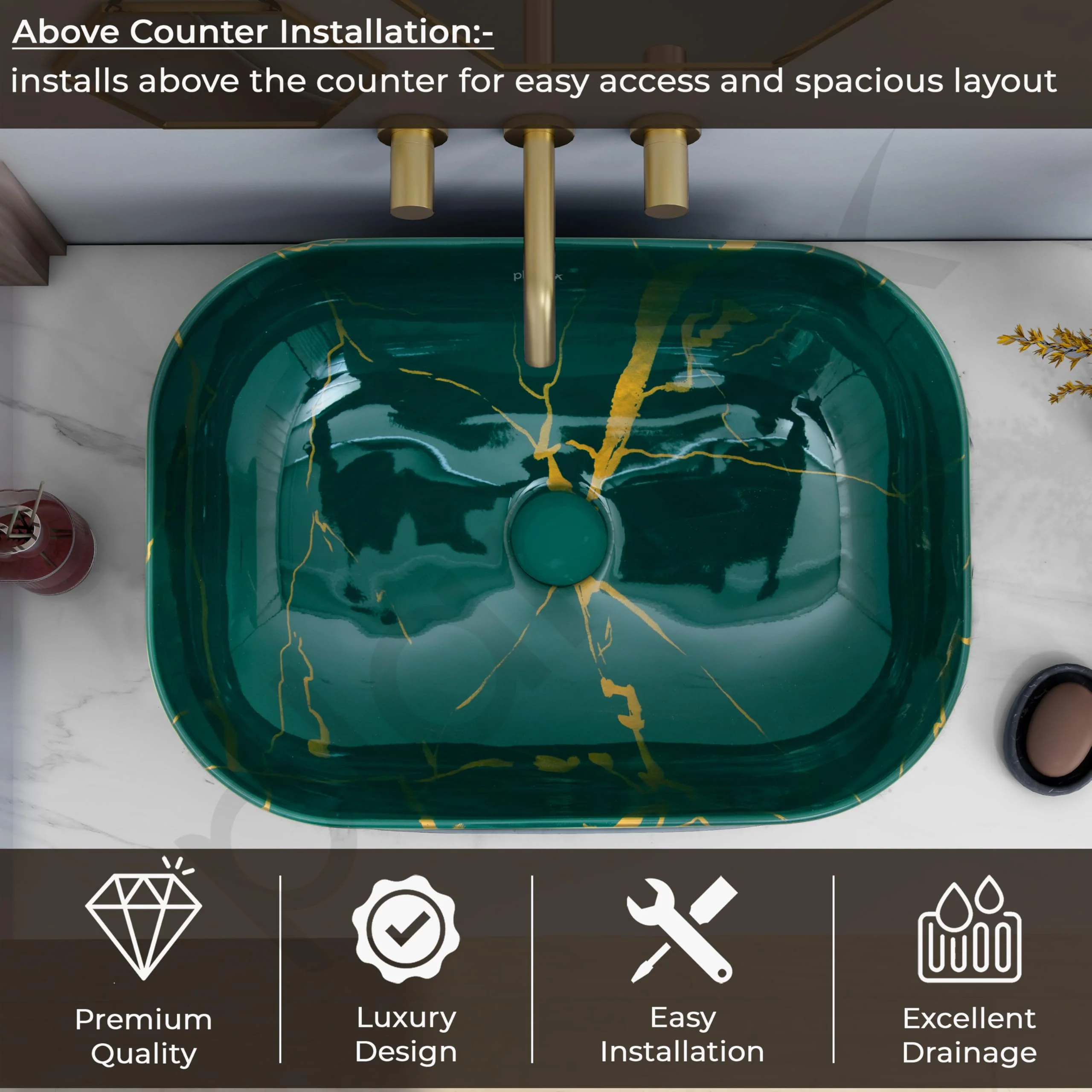 Plantex Tabletop Wash Basin for Bathroom/Designer Countertop Bathroom Sink/Ceramic Rectangle Vessel Sink Basin for Home/Office (20x14x5.5 Inch - Green) - Image 5