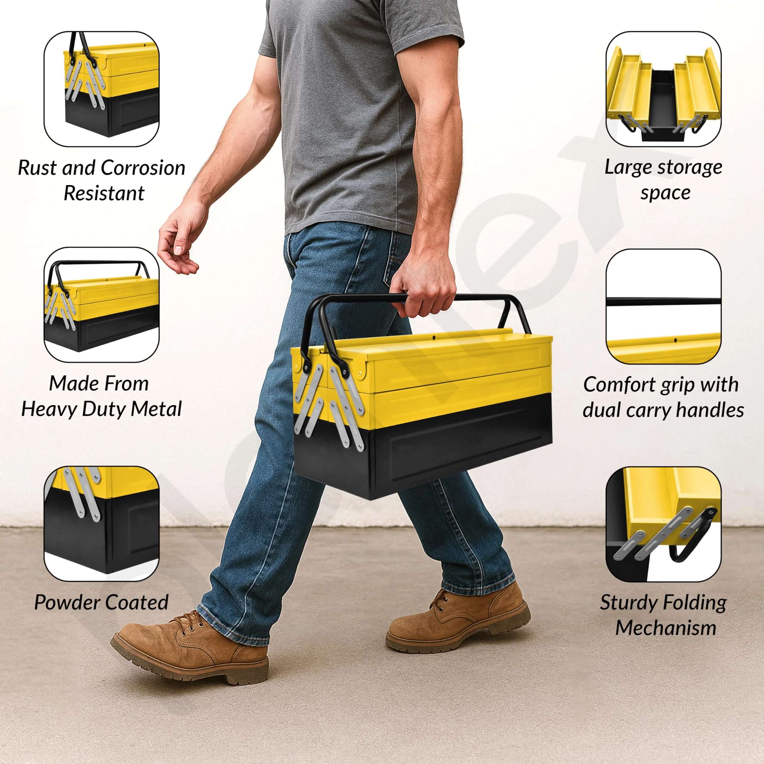 Plantex Tool Box Empty/18" Metal Tool Organizer 5- Compartments Metal Tool Boxs/Empty Tool Boxs/Tools Organizer Box - (Yellow & Black) - Image 2