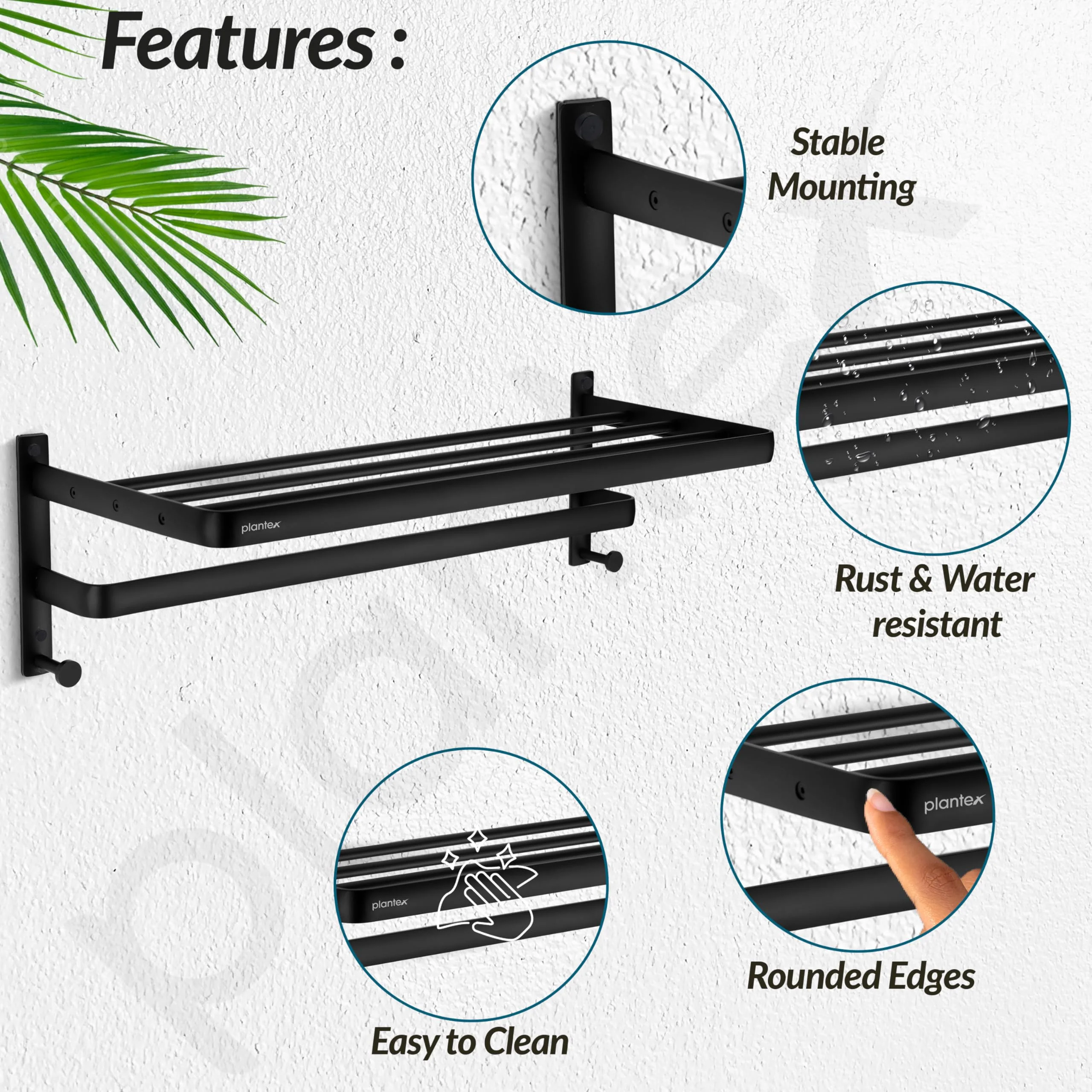 Plantex Towel Hanger for Bathroom/24 Inch Towel Rack/Bathroom Hanger for Clothes/Towel Holder/Bathroom Accessories -Pack of 1 (1509, Black) - Image 2