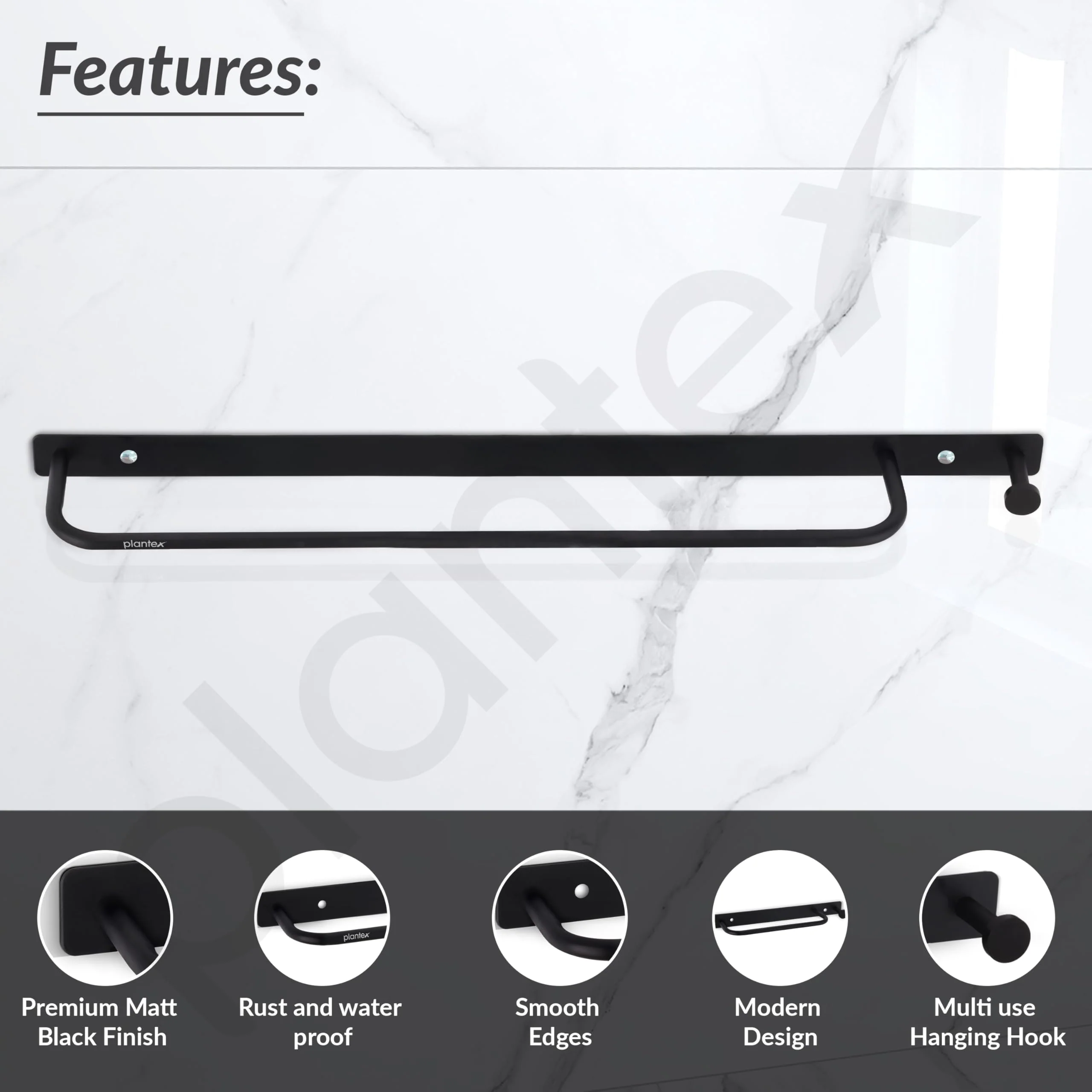 Plantex Towel Holder for Bathroom/Stainless Steel 24 inch Towel Rod/Towel Bar/Towel Hanger/Bathroom Accessories -Pack of 1 (Black) - Image 2