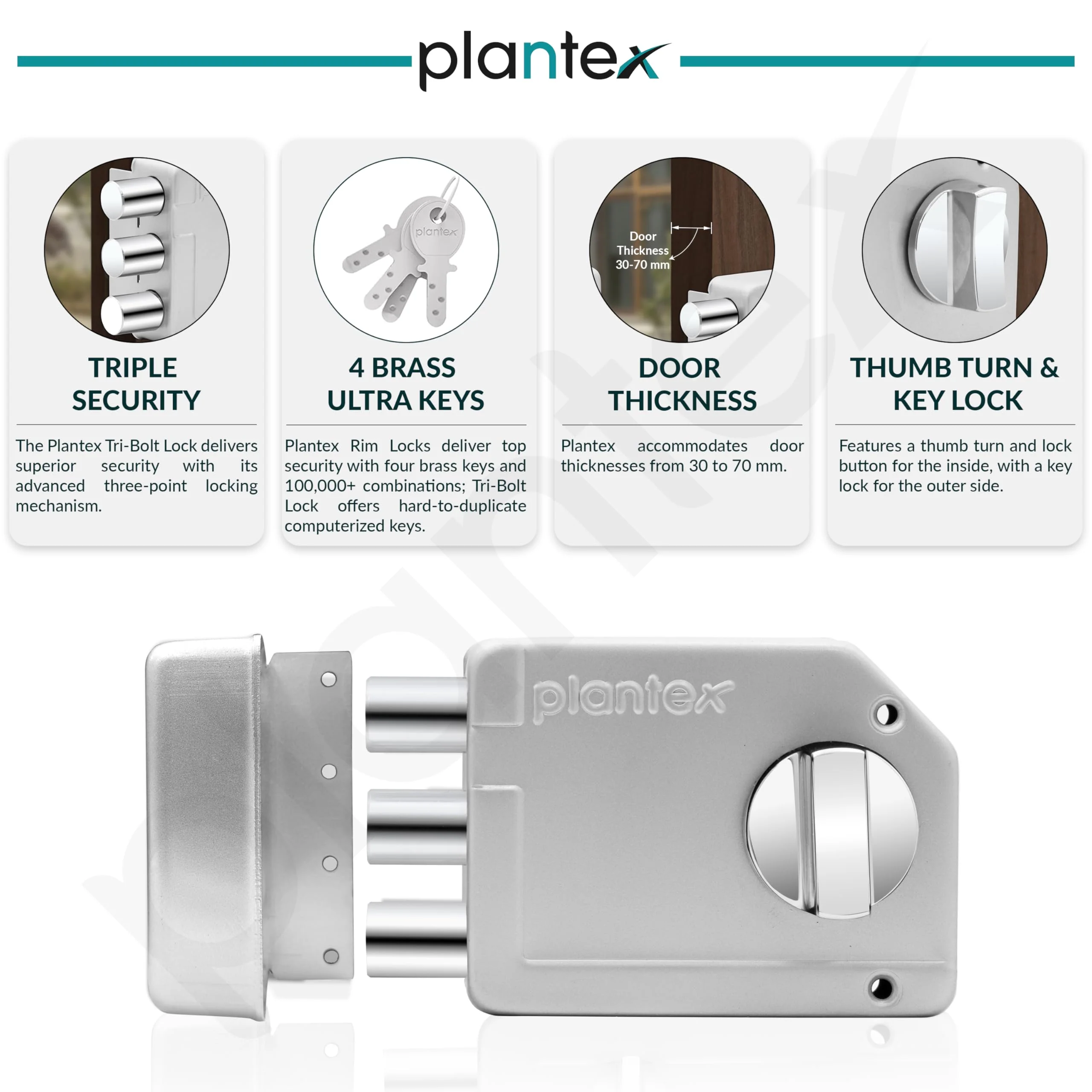 Plantex Tri-Bolt Lock for Main Door/Heavy Duty Door Lock with 4 Keys/Suitable for Single or Double Door for Home/Office/Hotel - Pack of 1 (Satin White and Chrome) - Image 3