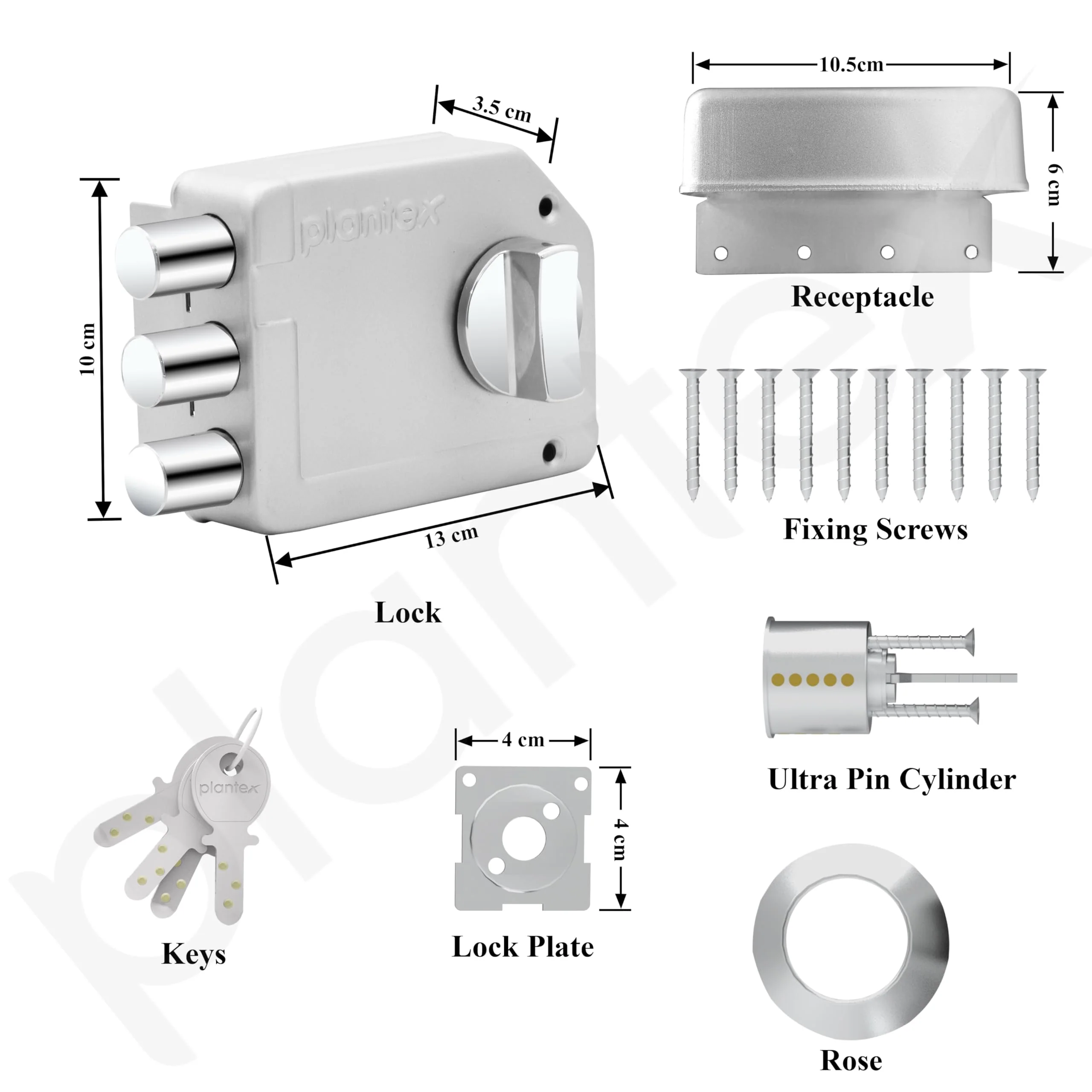 Plantex Tri-Bolt Lock for Main Door/Heavy Duty Door Lock with 4 Keys/Suitable for Single or Double Door for Home/Office/Hotel - Pack of 1 (Satin White and Chrome) - Image 4