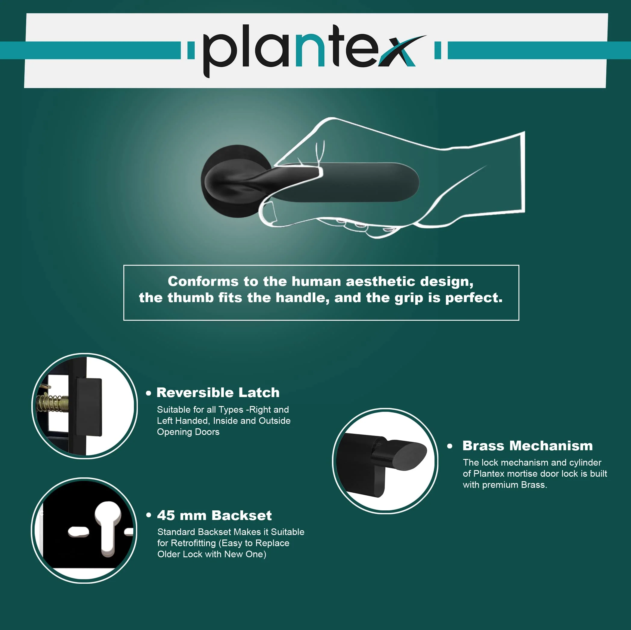Plantex Triple Security Door Lock For Home/Main Door Lock Set Knob Handle With 3 Years Of Warranty/Mortise Lock For Door With Brass Lock Body&Cylinder(7106-Black) - Image 4