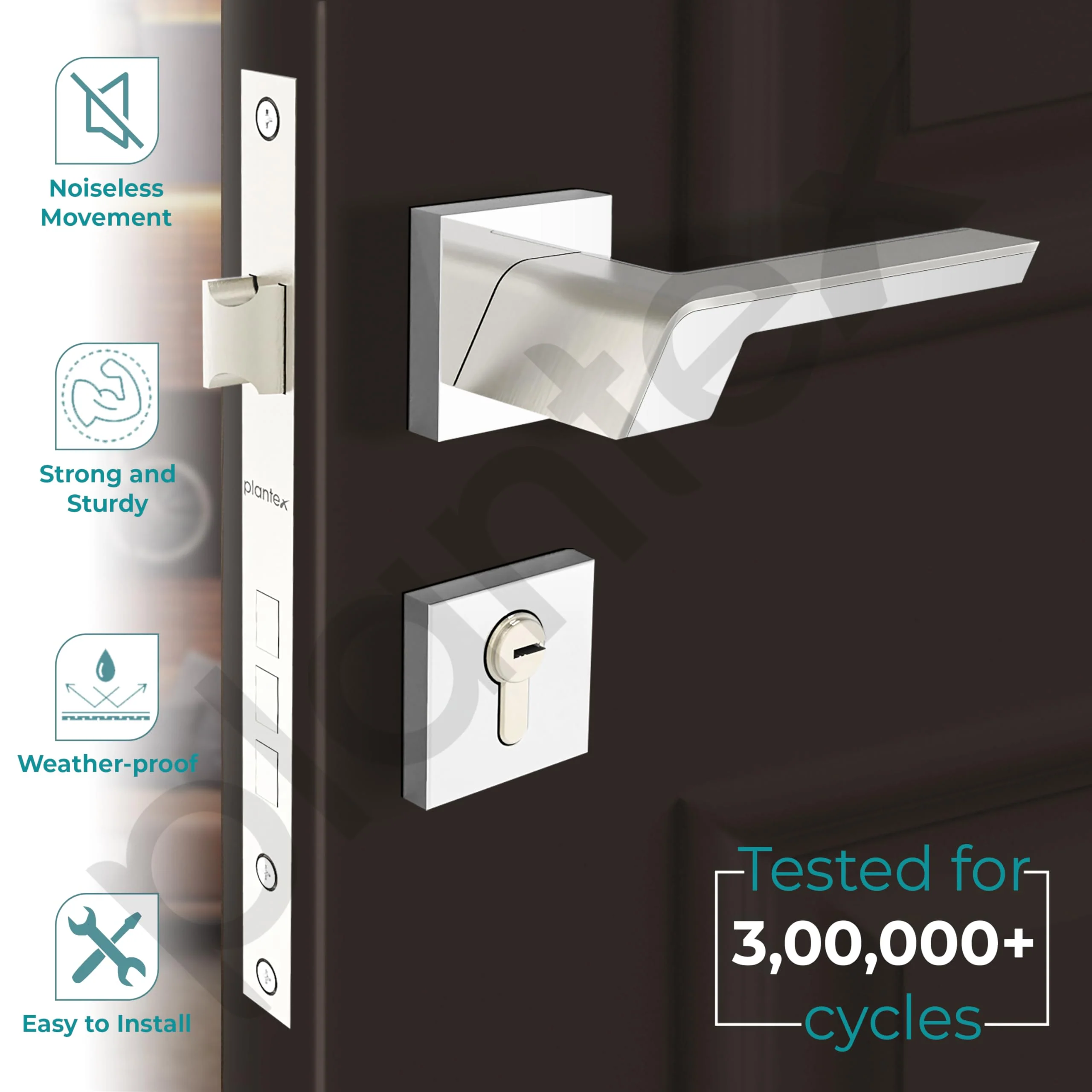 Plantex Triple Security Door Lock for Home/Main Door Lock Set with 3 Years of Warranty/Mortise Lock for Door with Brass Lock Body & Cylinder (7066 - Chrome & Satin White) - Image 3