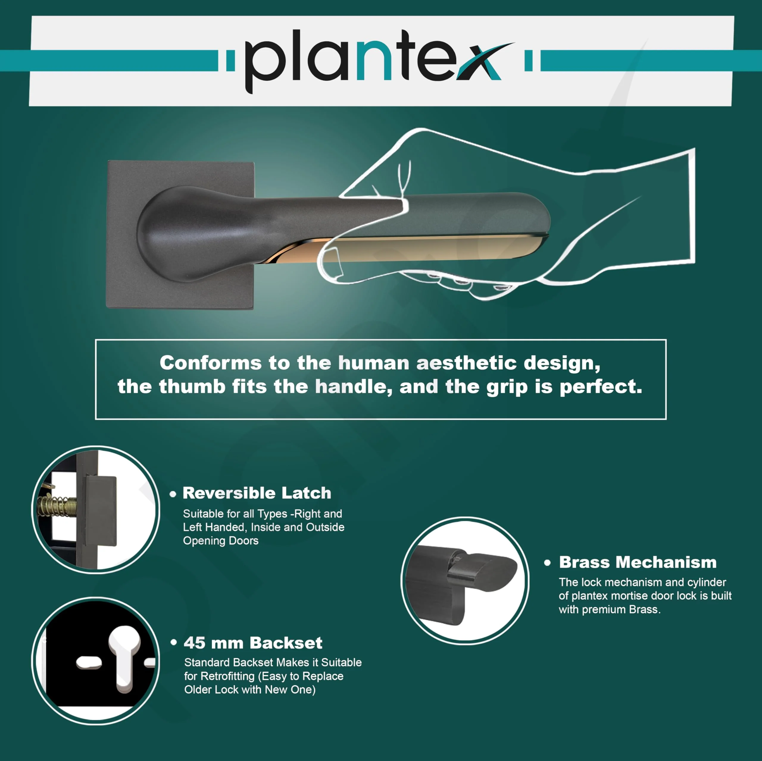 Plantex Triple Security Door Lock for Home/Main Door Lock Set with 3 Years of Warranty by plantex/Mortise Lock for Door with Brass Lock Body & Cylinder (7121, Grey & Choco) - Image 4