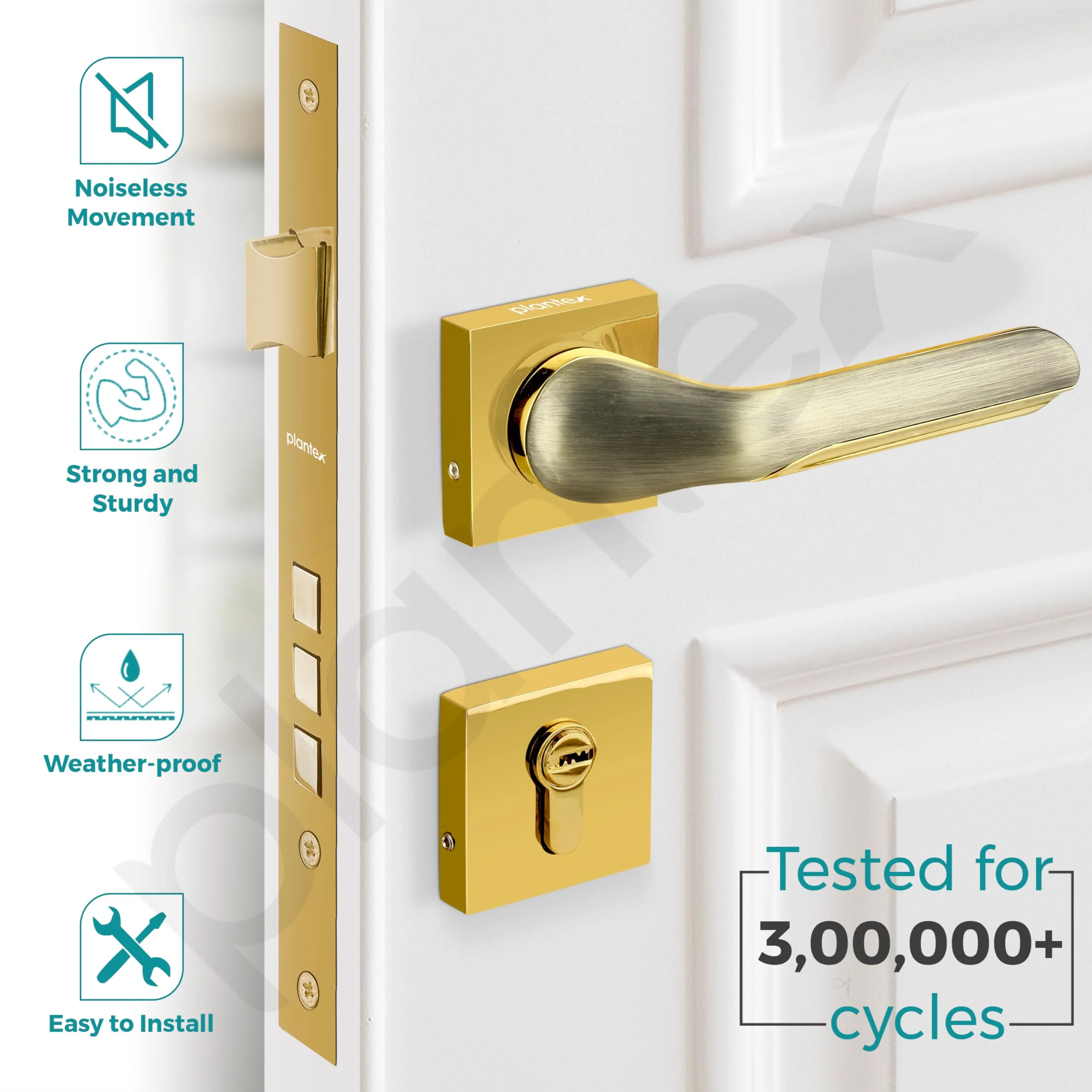 Plantex Triple Security Door Lock for Home/Main Door Lock Set with 3 Years of Warranty/Mortise Lock for Door with Brass Lock Body & Cylinder (7121 - PVD Gold & Brass Antique) - Image 3