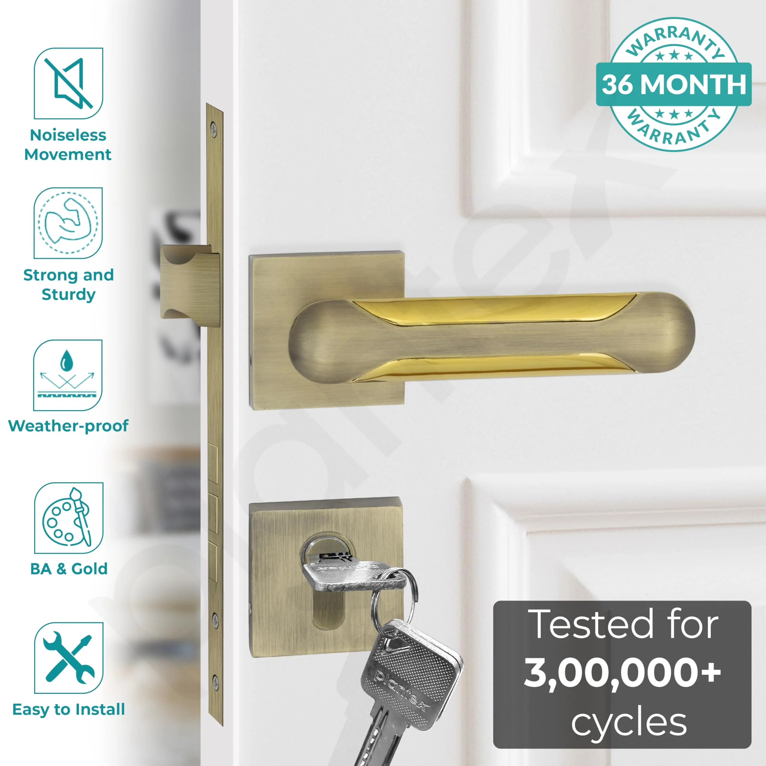 Plantex Triple Security Door Lock for Home/Main Door Lock Set with 3 Years of Warranty/Mortise Lock for Door with Brass Lock Body & Cylinder (7124, Brass Antique & Gold) - Image 2