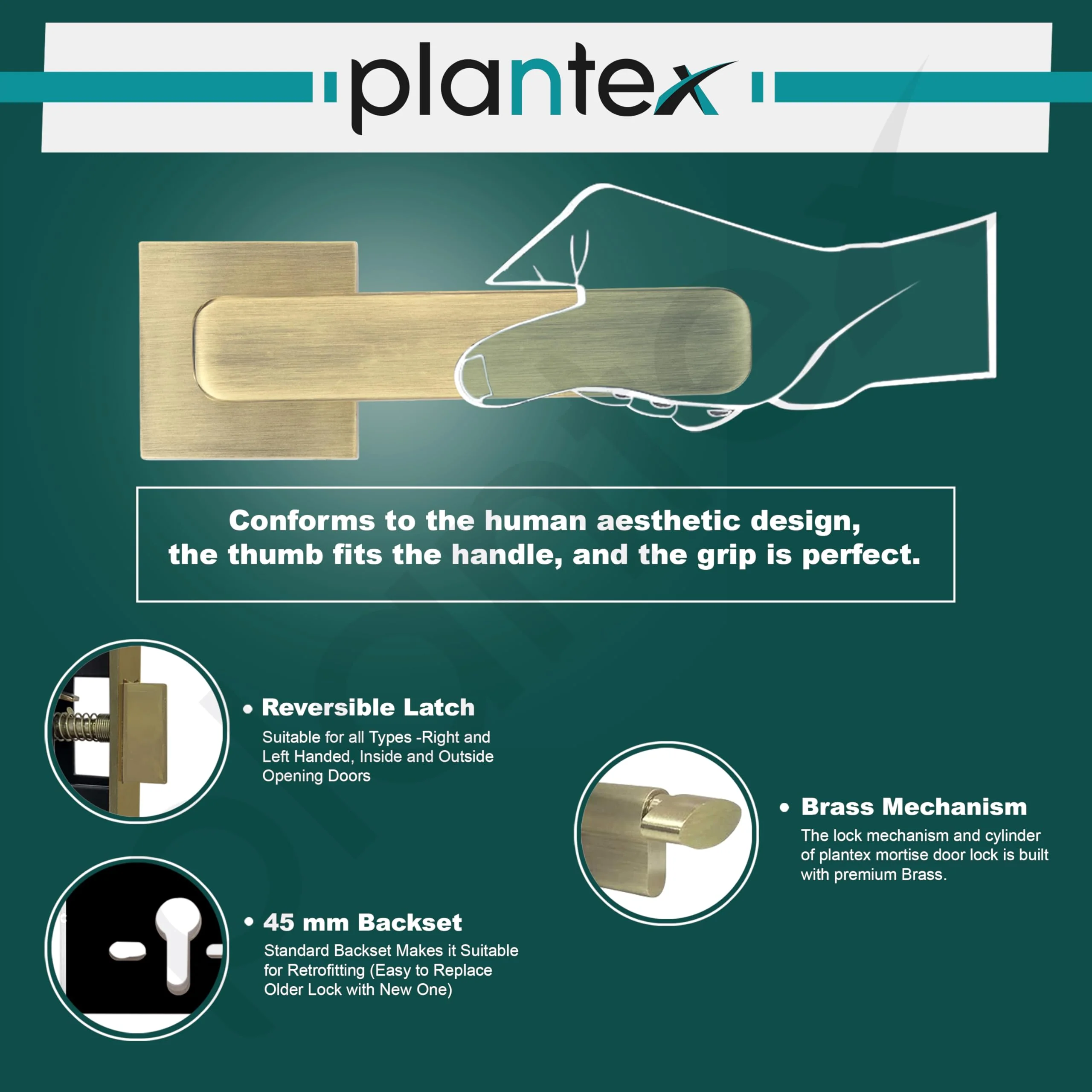 Plantex Triple Security Door Lock for Home/Main Door Lock Set with 3 Years of Warranty/Mortise Lock for Door with Brass Lock Body & Cylinder (7125, Brass Antique & Gold) - Image 4