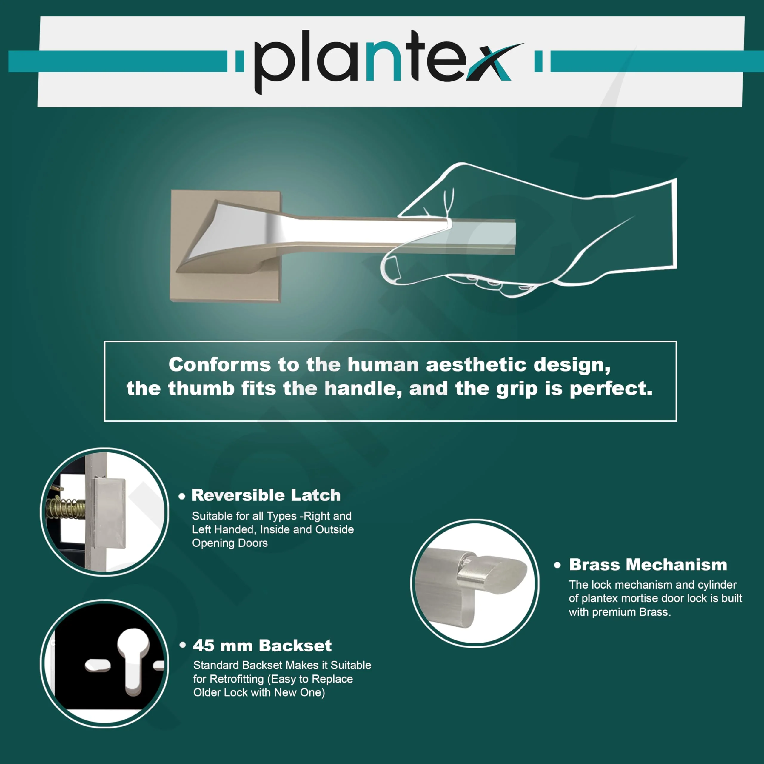Plantex Triple Security Door Lock for Home/Main Door Lock Set with 3 Years of Warranty/Mortise Lock for Door with Brass Lock Body & Cylinder(7090 - Satin White & Chrome Finish) - Image 4