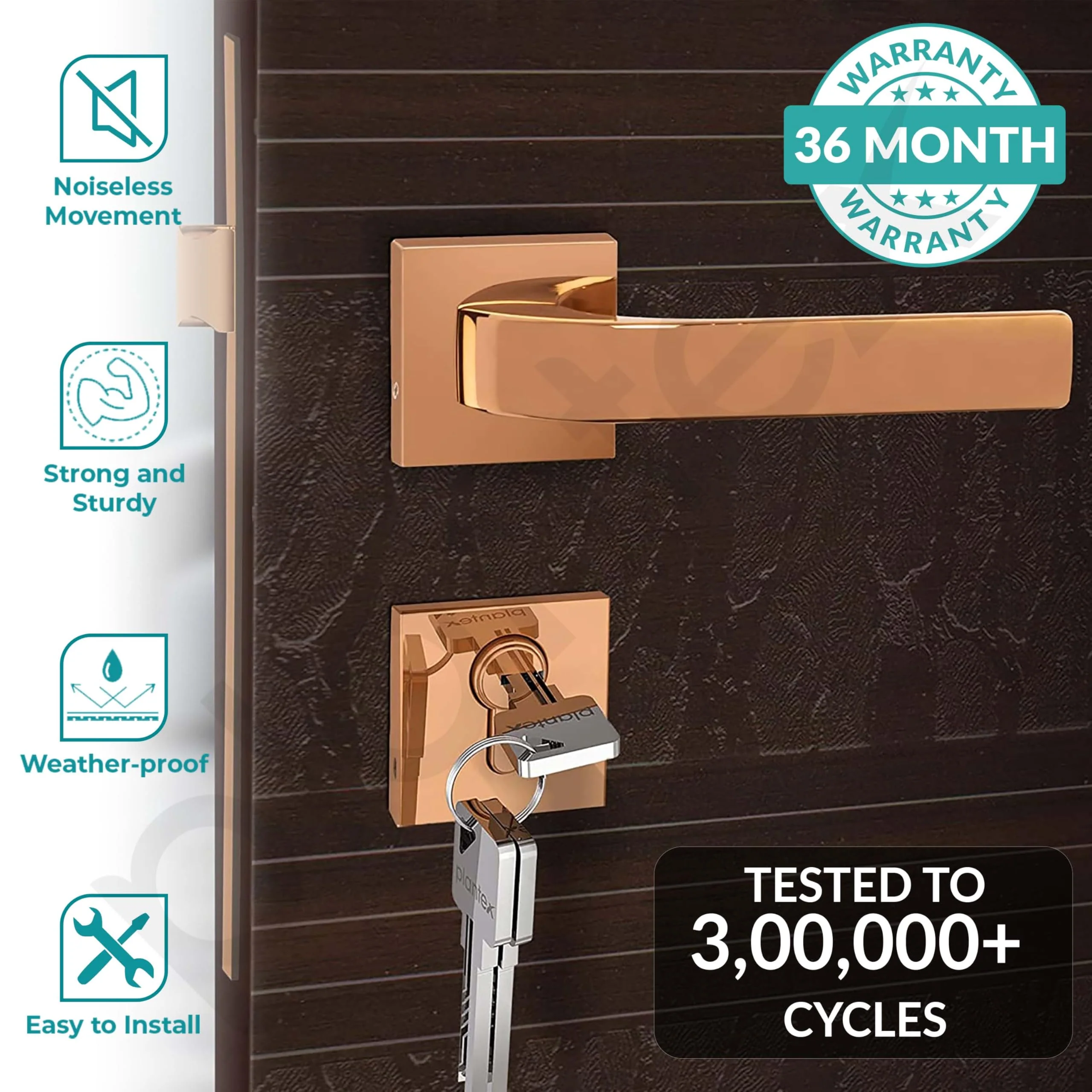 Plantex Triple Security Door Lock for Home/Main Door Lock Set with 3 Years of Warranty/Mortise Lock for Door with Brass Lock Body & Cylinder(7107 - PVD Choco) - Image 2