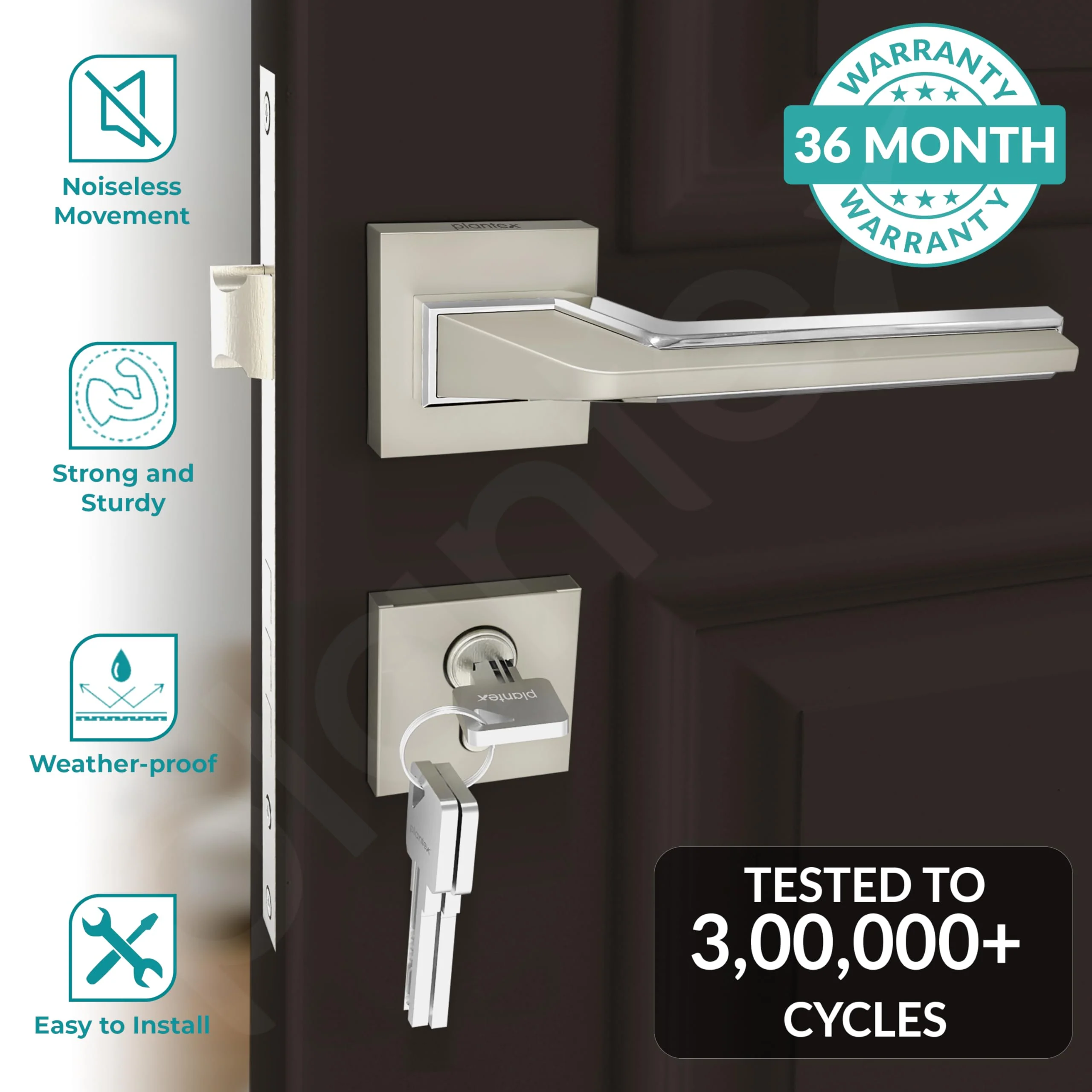 Plantex Triple Security Door Lock for Home/Main Door Lock Set with 3 Years of Warranty/Mortise Lock for Door with Brass Lock Body & Cylinder(Satin White & Chrome Finish) - Image 2