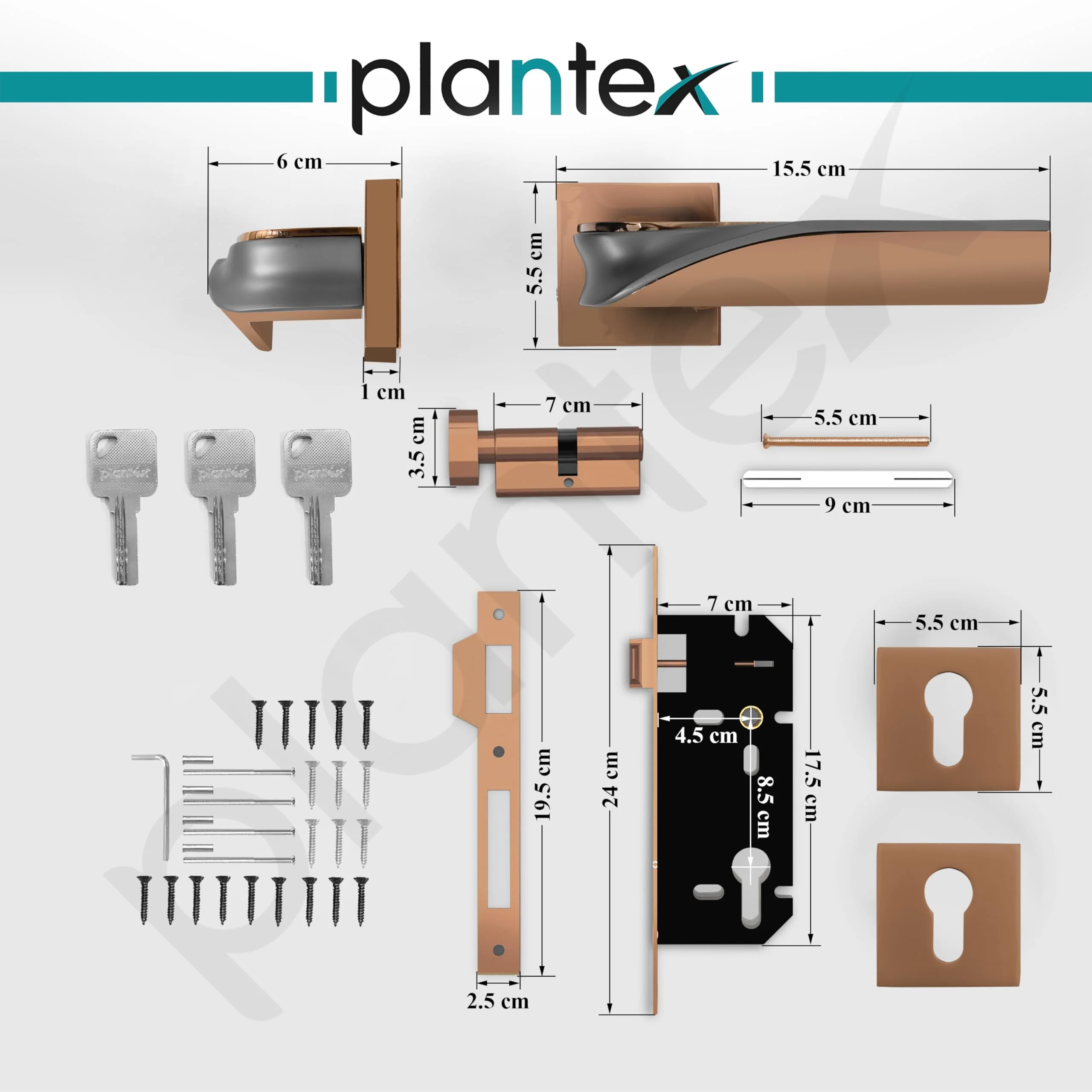 Plantex Triple Security Door Lock for Home/Main Door Lockset with 3 Years of Warranty/Mortise Locks for Door with Brass Lock Body & Cylinder(7086 - PVD Choco & Satin Black Matt) - Image 3