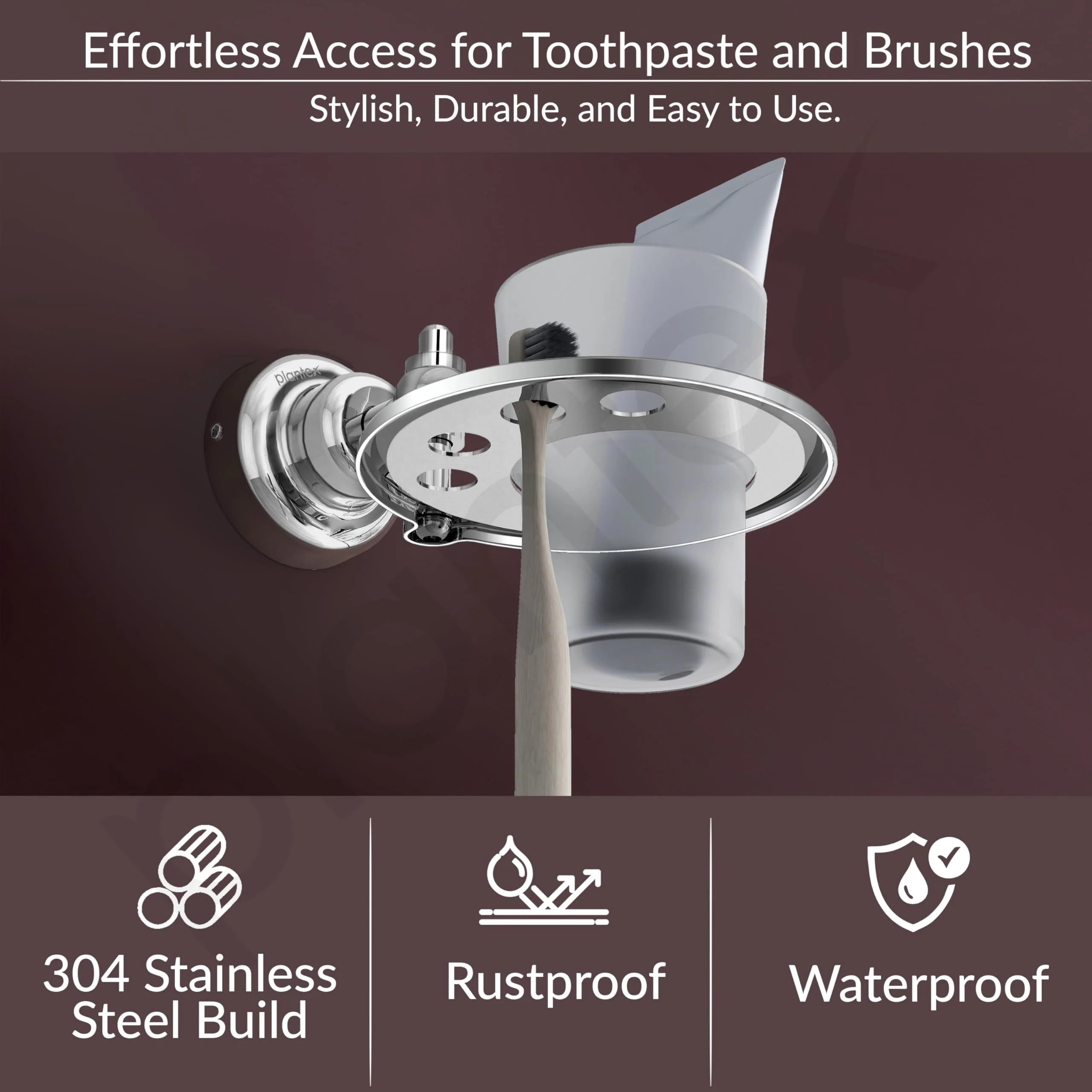 Plantex Tumbler for Bathroom/304 Grade Stainless Steel Toothbrush Holder/Bathroom Accessories - Pack of 1 Skyllo(Chrome) - Image 3