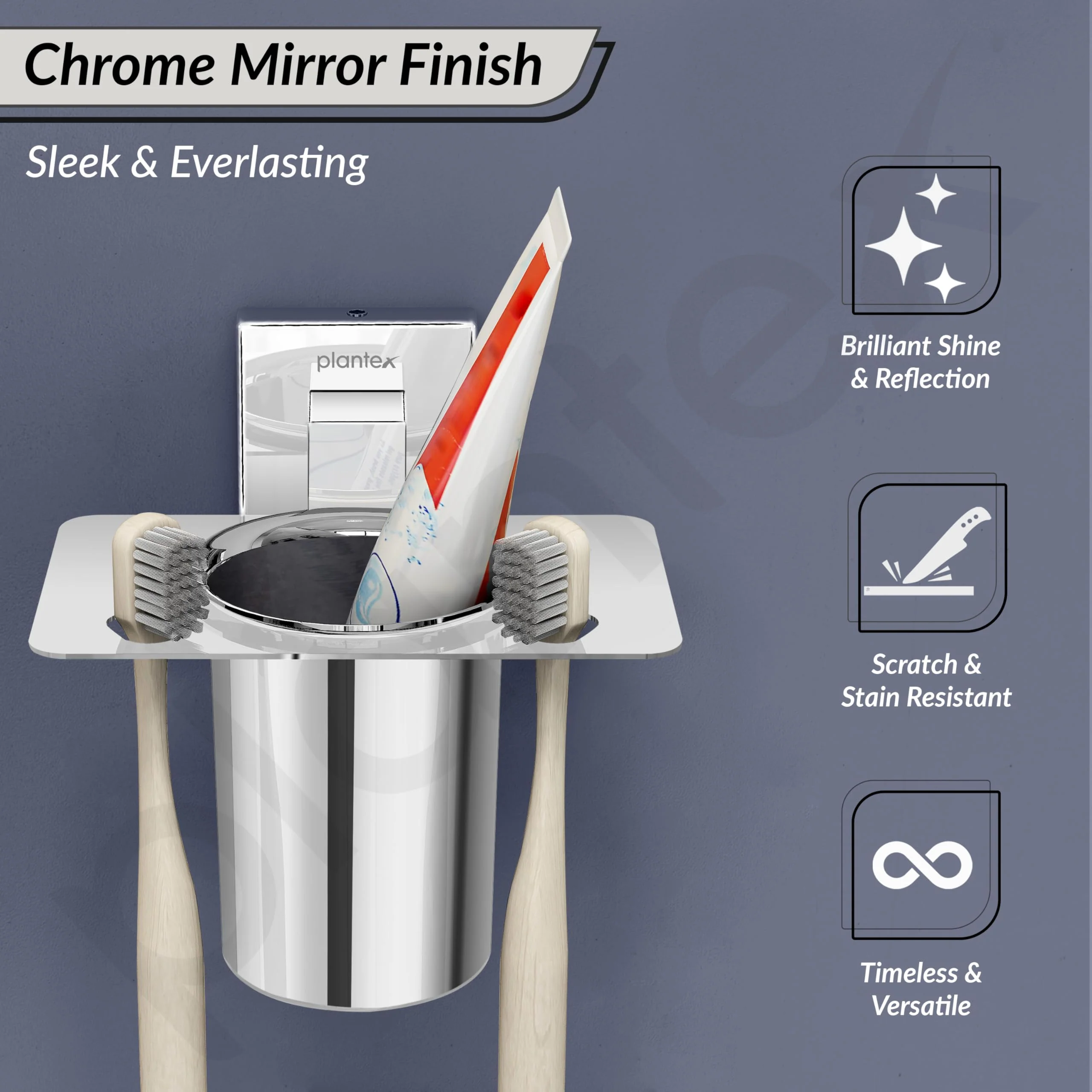 Plantex Tumbler Holder for Bathroom/Stainless Steel Toothbrush Holder/Toothpaste Holder/Bathroom Accessories - (Chrome) - Image 2
