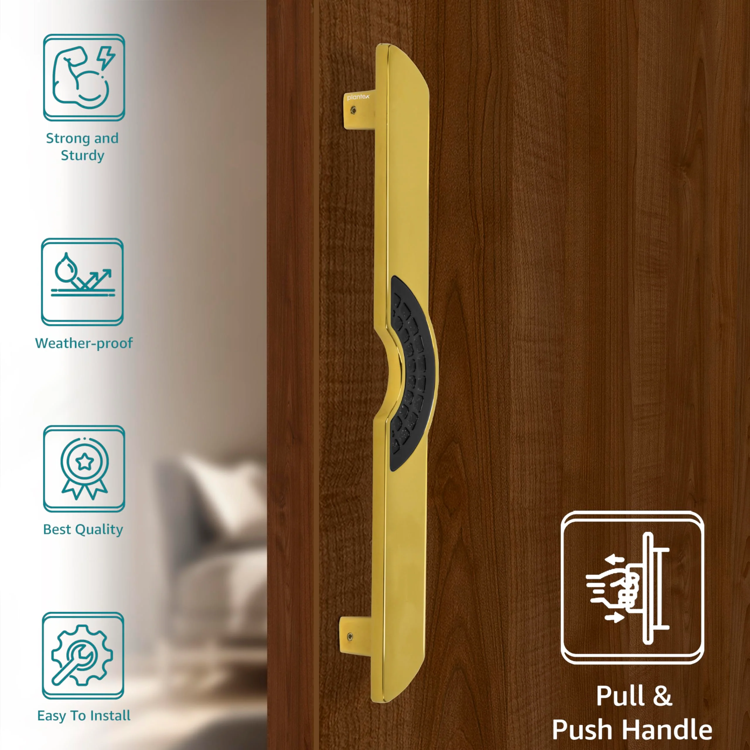 Plantex Ultron Door Handle for Main Door/Main Door Handle 15 Inch/Pull Push Door Handle for Glass & Wooden Door, Pack of 1 (316,Gold and Black Finish) - 3 Years Warranty, Pull Handle - Image 3