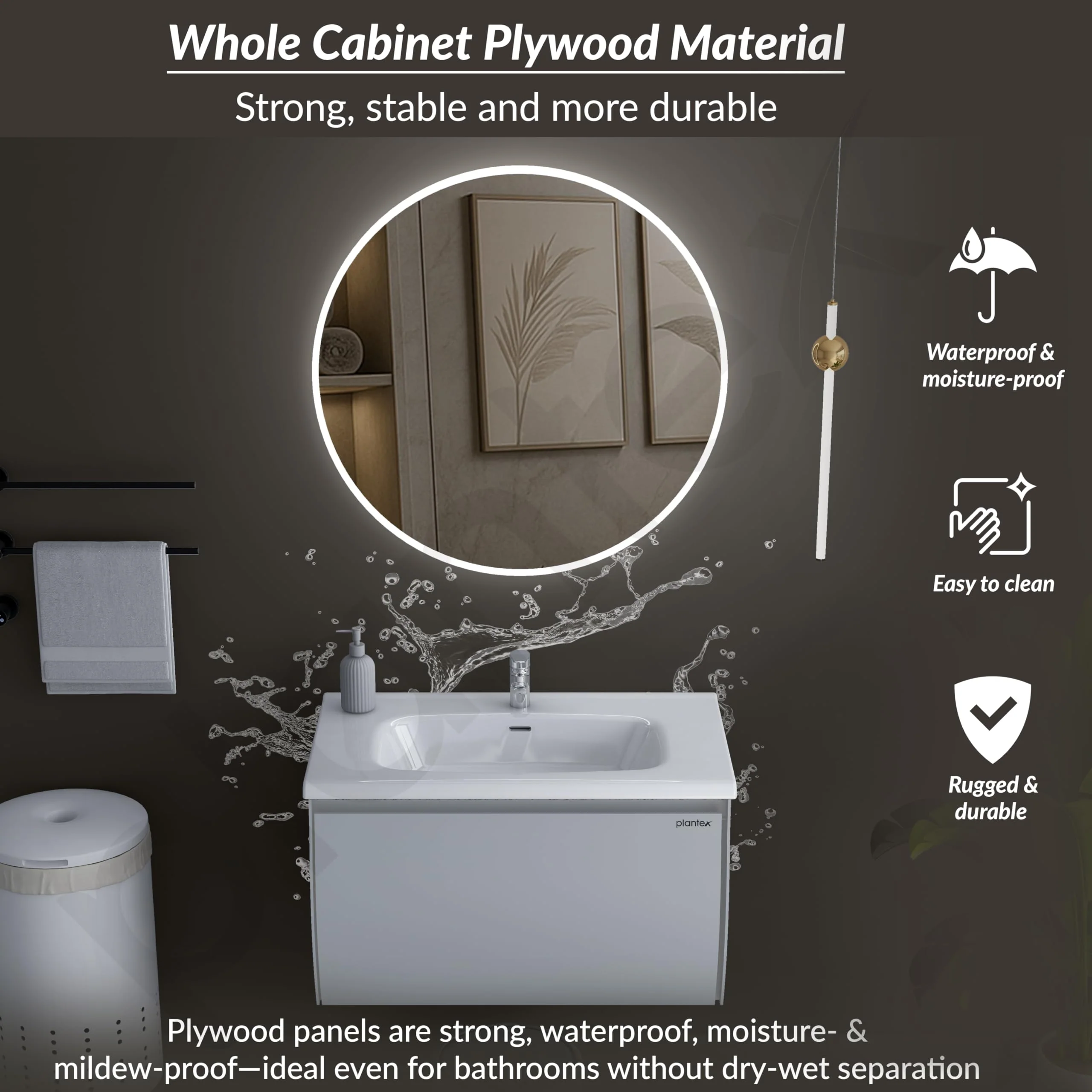 Plantex Unbreakable Plywood Vanity Set for Bathroom/Undermount Washbasin with Cabinet/Bathroom Organizer with Coupling & Mirror Cabinet with Sensor & Defogger Function - (NZBC-12) - Image 2