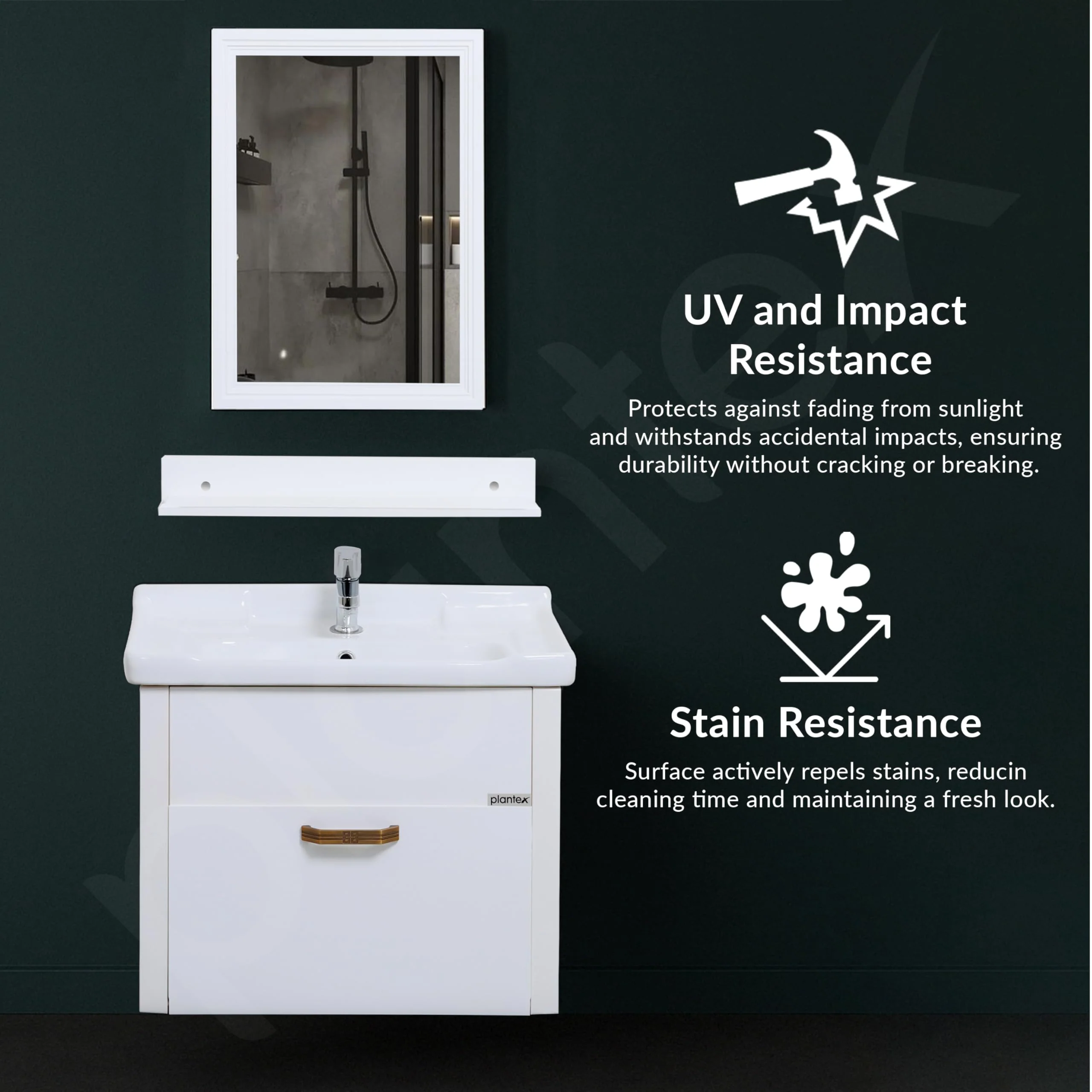 Plantex Unbreakable Wall Mount Vanity Cabinet & Washbasin Set/Washbasin with Cabinet/Basin Cabinet for Bathroom with Mirror & Shelf (White) Glass, Ceramic and HPP - Image 6