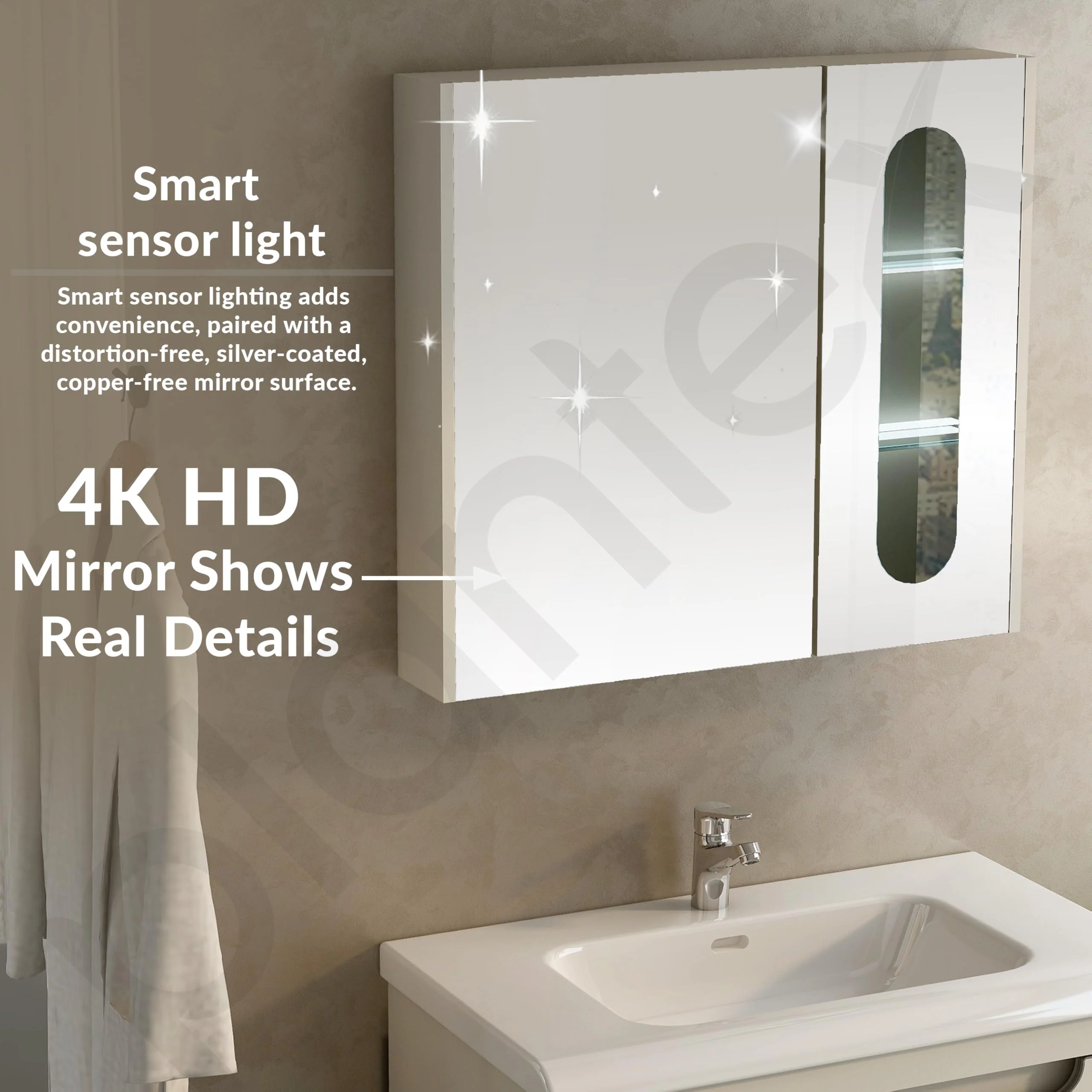 Plantex Unbreakable Wall Mount Wash Basin with Cabinet Full Set/Plywood Bathroom Vanity with Mirror, Coupling & Cabinet Motion Sensor Light (NZBC-35) - Image 6
