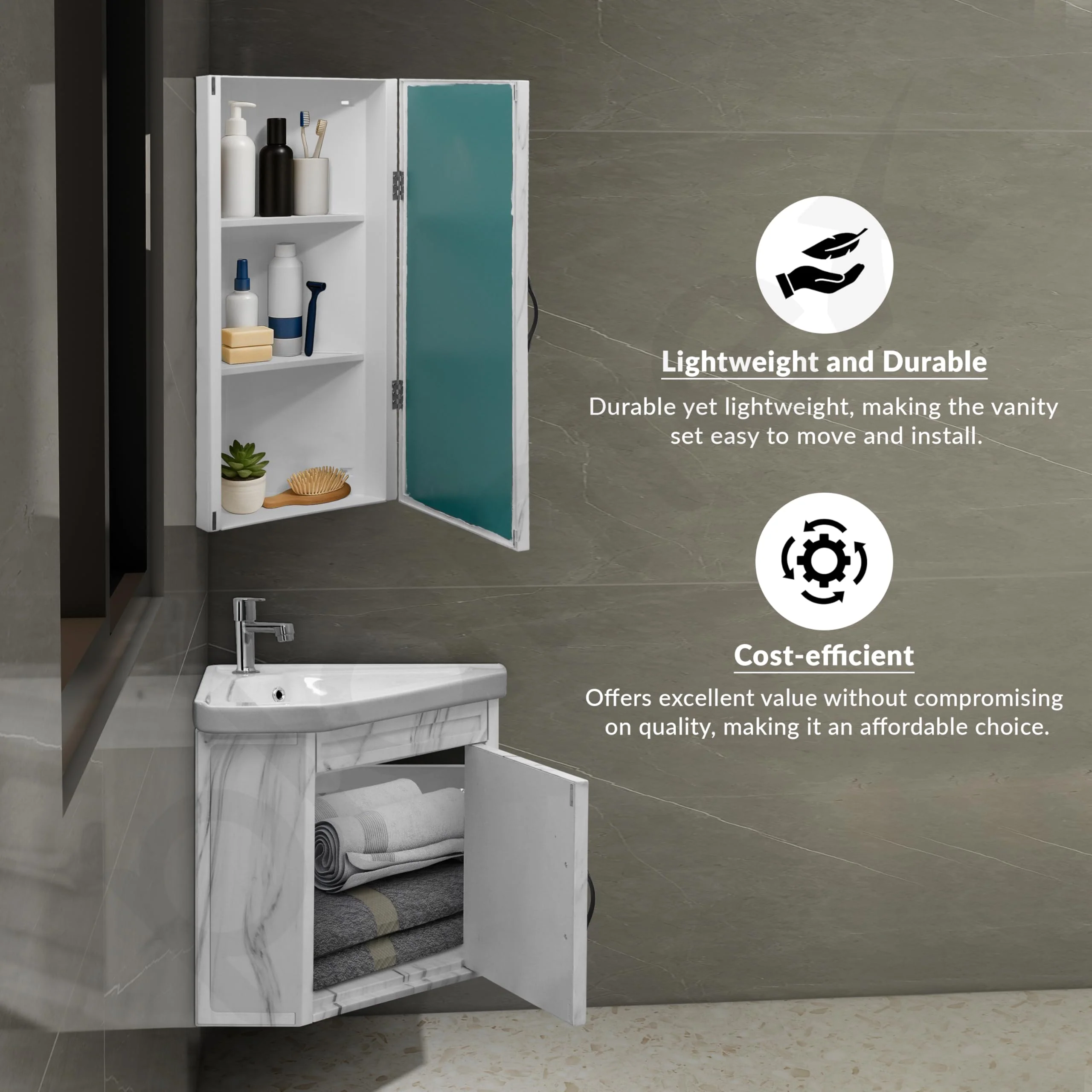Plantex Unbrekable Wall Mount Vanity Cabinet with Washbasin and Mirror/Corner Basin with Cabinet for Bathroom - (484, White) - Image 7