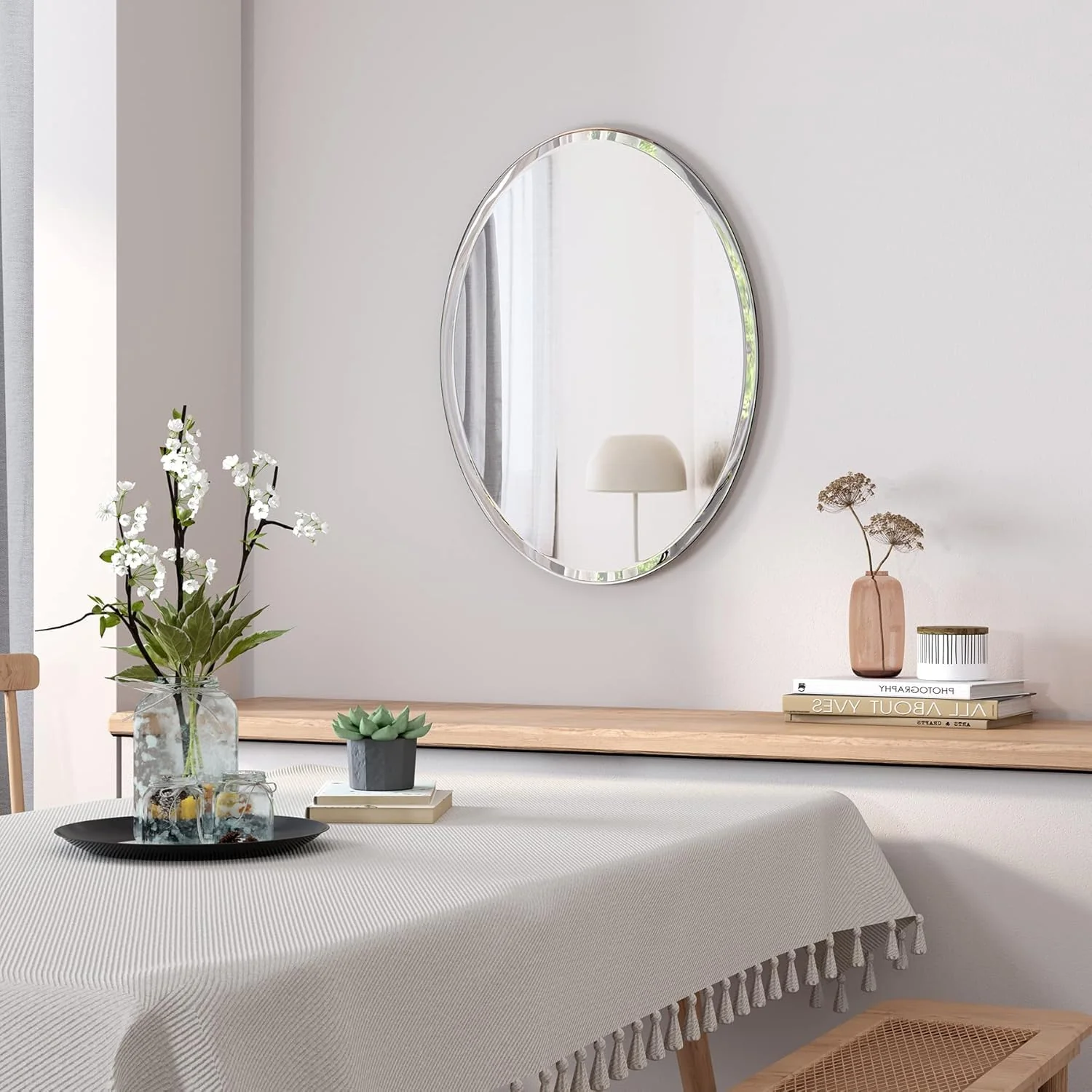Plantex Unframed Unframed Oval Mirror for Wall/Mirror with Beveled Smooth Edges/Mirror for Bathroom/Dressing Room/Living Room/Bedroom/Entryway - (18x12 Inch), White - Image 2